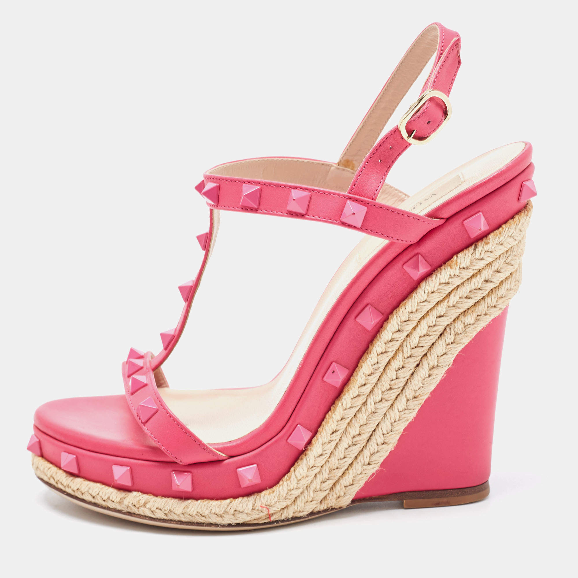 Pre Owned Valentino Pink Leather Rockstud  Wedge Ankle Sandals Size 38.5