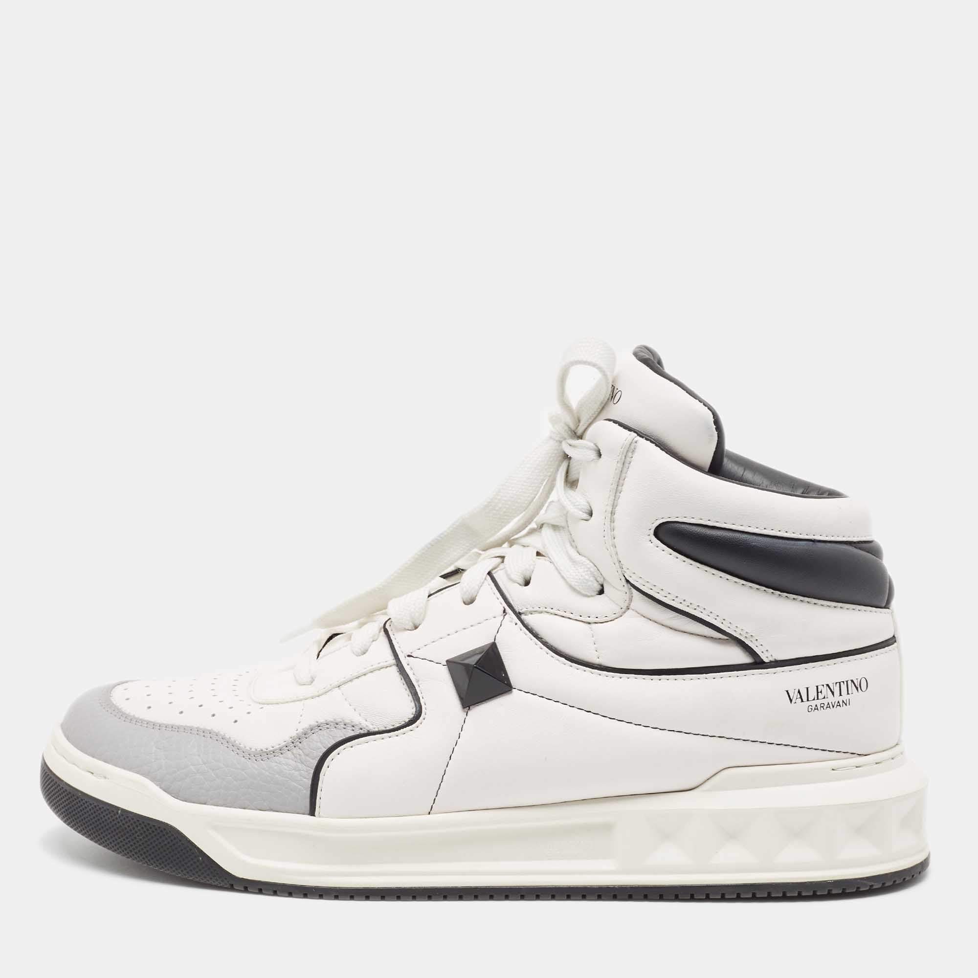 Pre Owned Valentino White/Black Leather Roman Stud High Top Sneakers Size 43