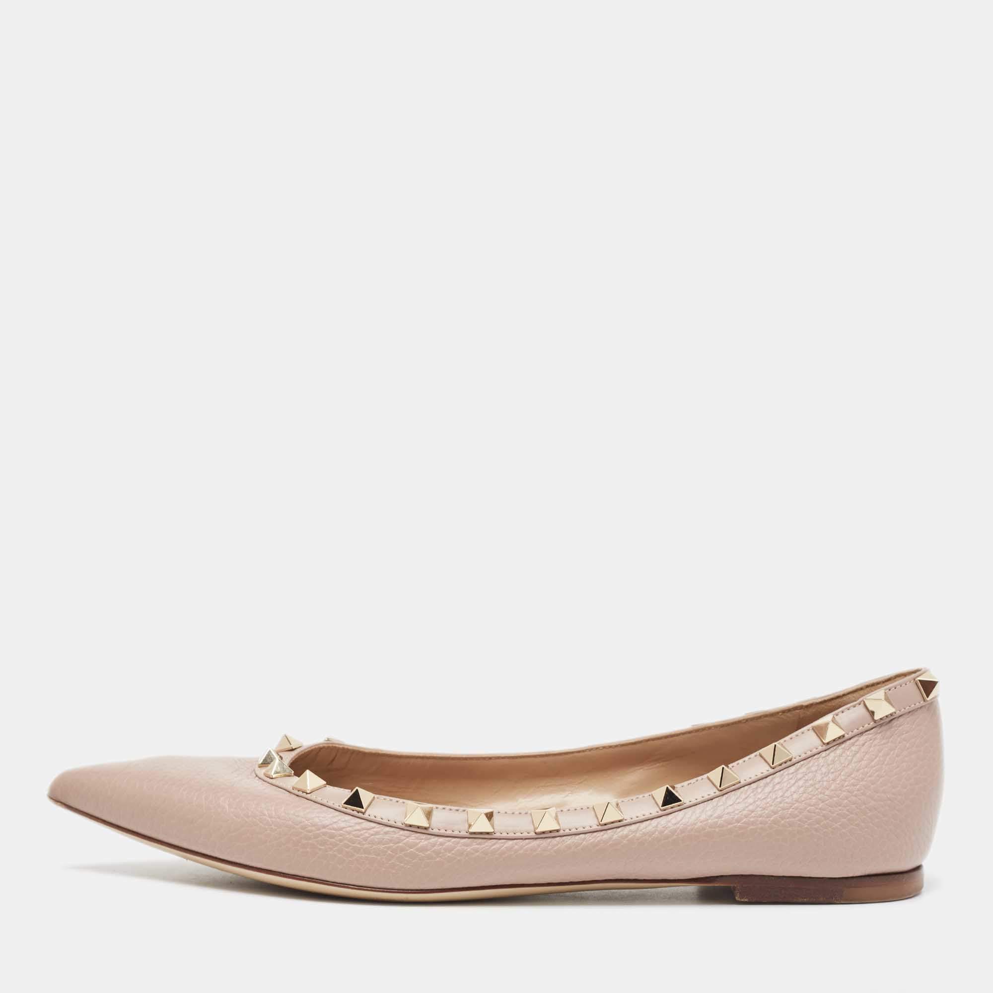 Pre Owned Valentino Dusty Pink Leather Rockstud Ballet Flats Size 40.5