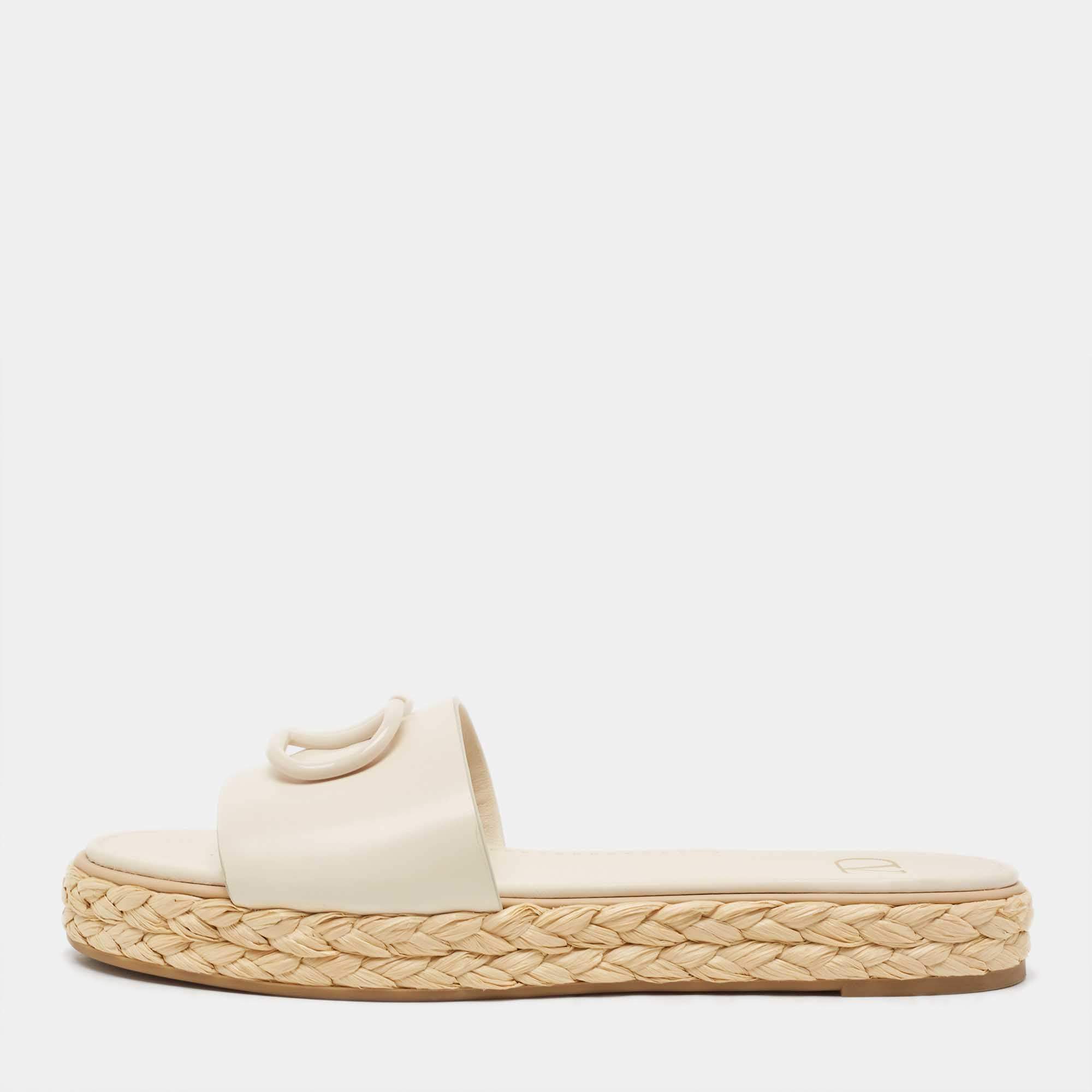 Valentino Cream Leather VLogo Espadrille Slides Size 40