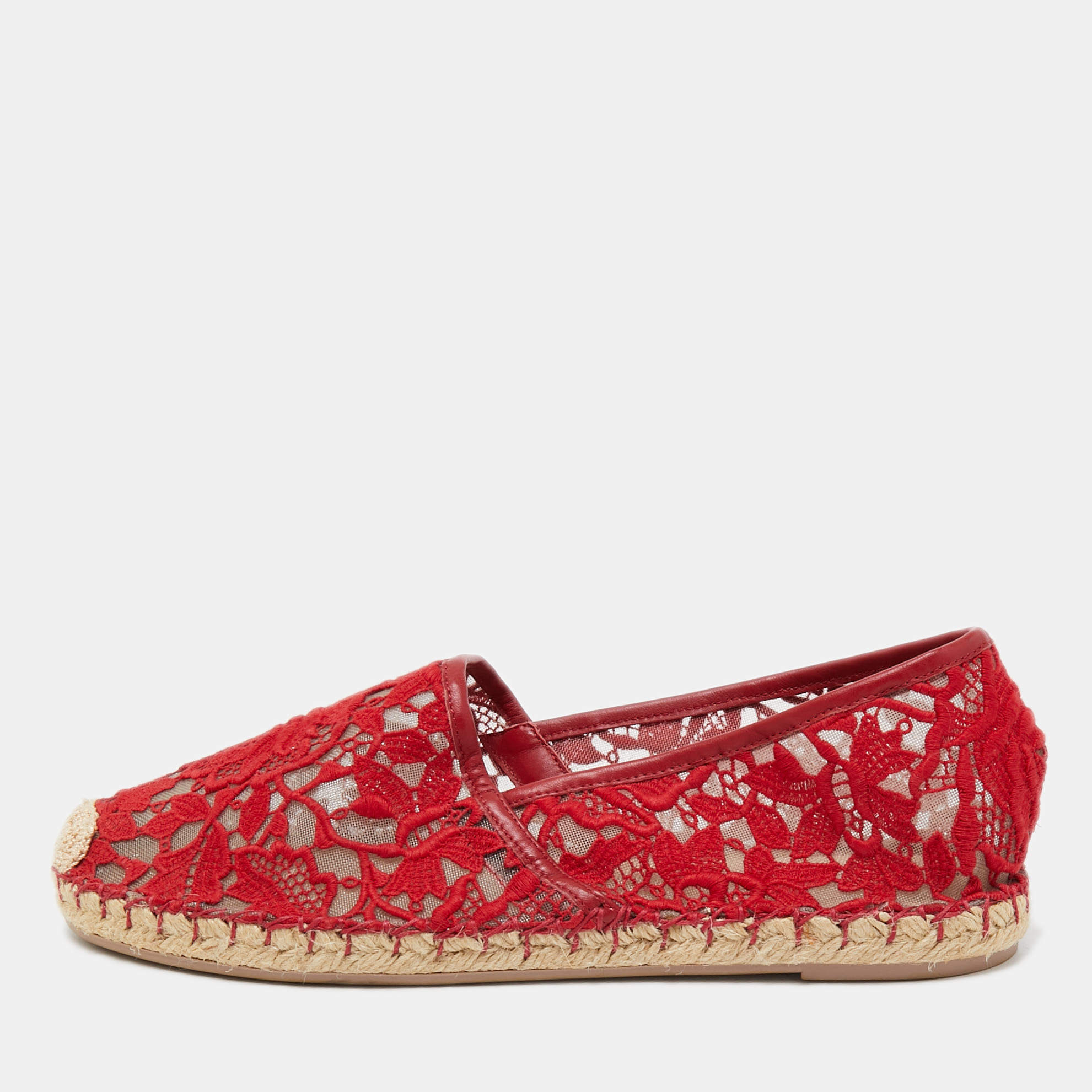 Pre Owned Valentino Red Floral Lace Espadrille Flats Size 39