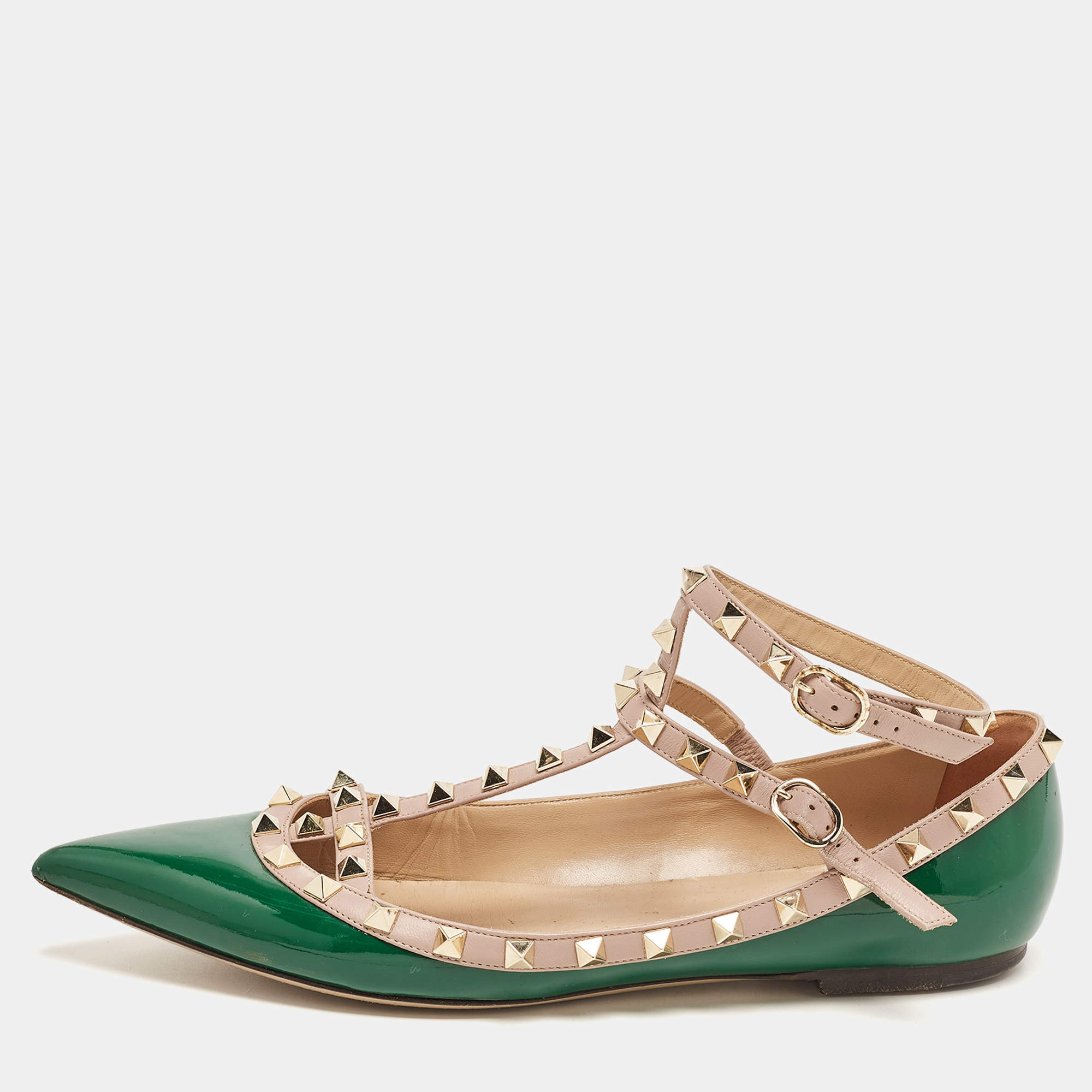 مملوكة مسبقًا Valentino Green Patent Leather Rockstud Ankle Strap Ballet Flats Size 41