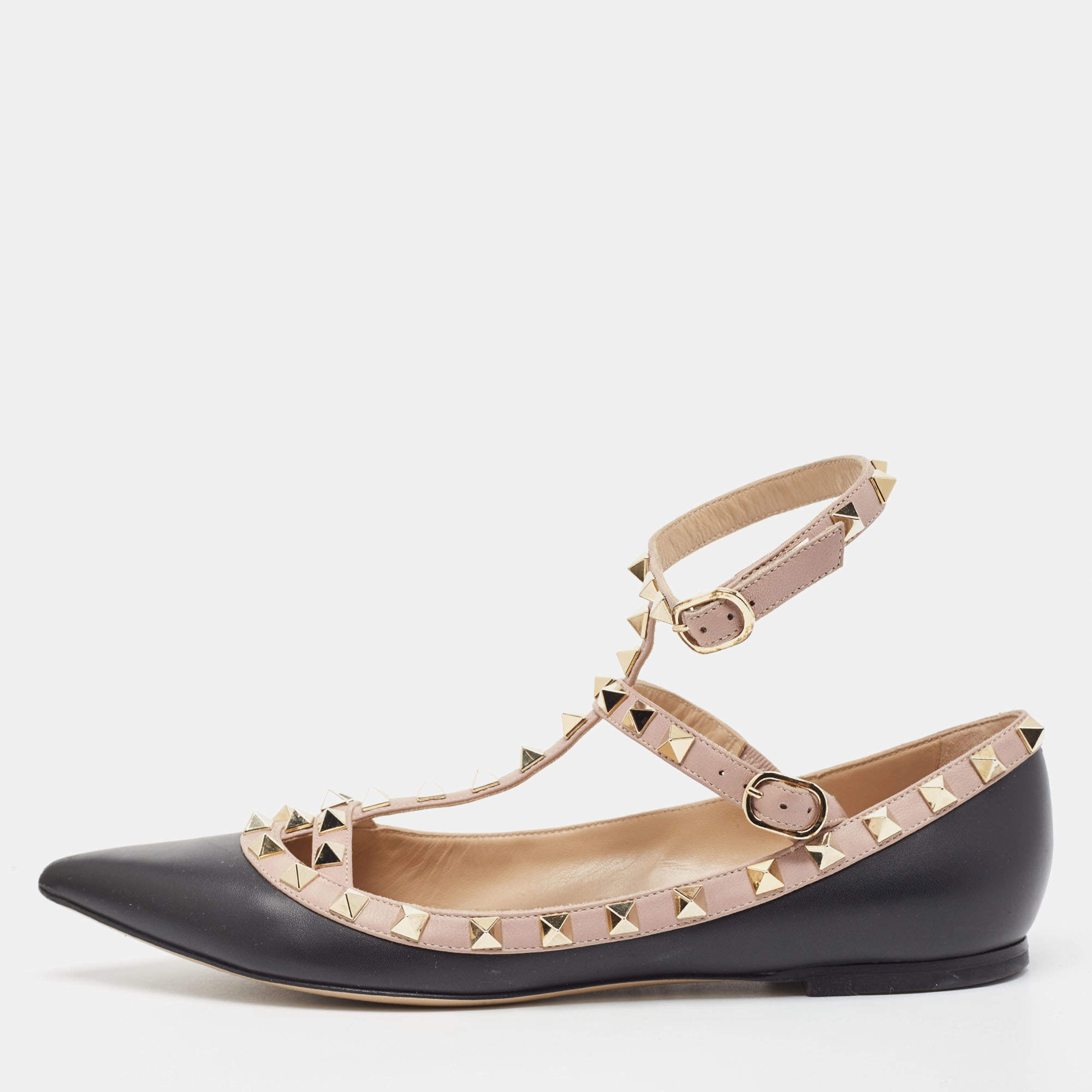 Pre Owned Valentino Black Leather Rockstud Ankle Strap Ballet Flats Size 38.5