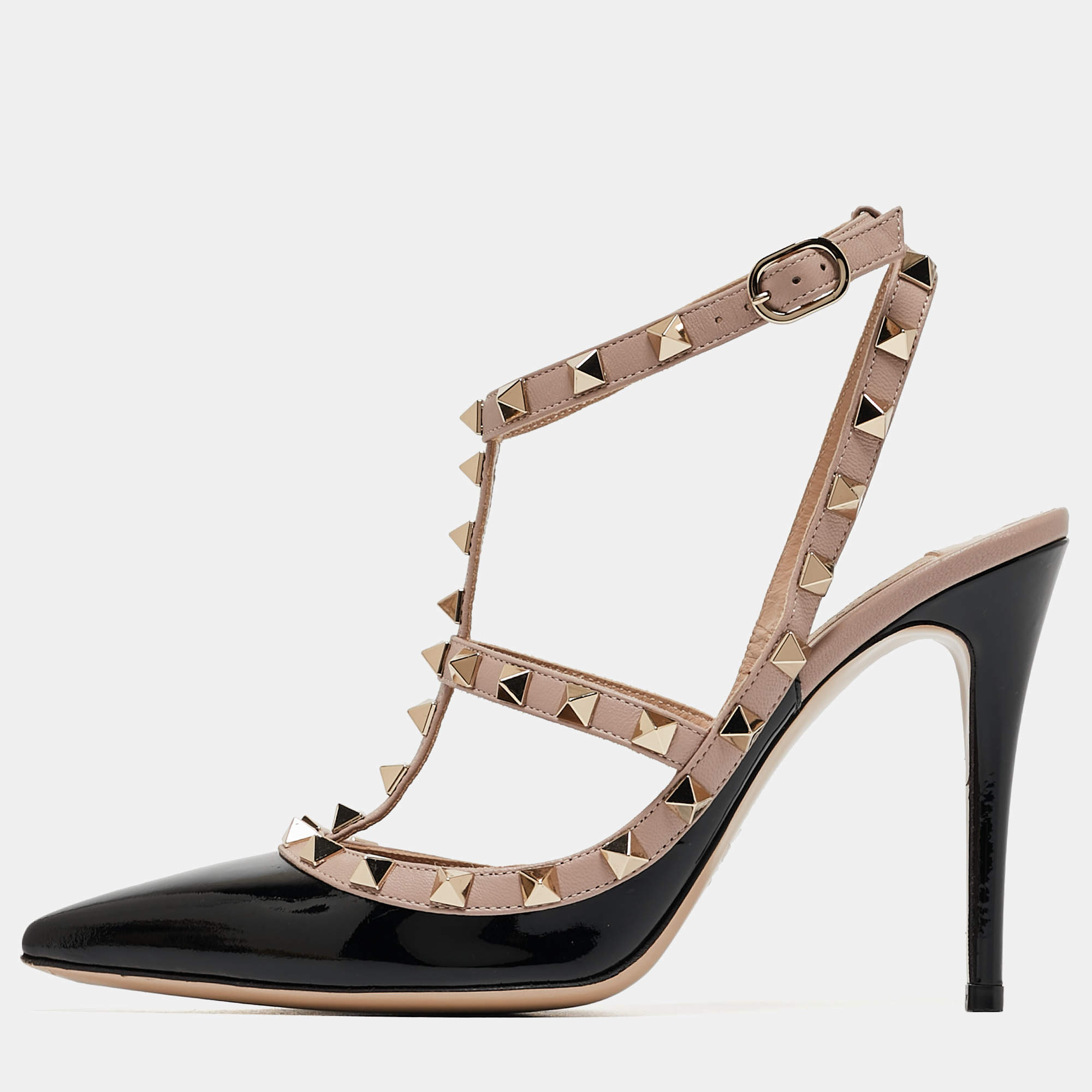 Pre Owned Valentino Black/Beige Patent Leather Rockstud Caged Ankle Strap Pumps Size 38