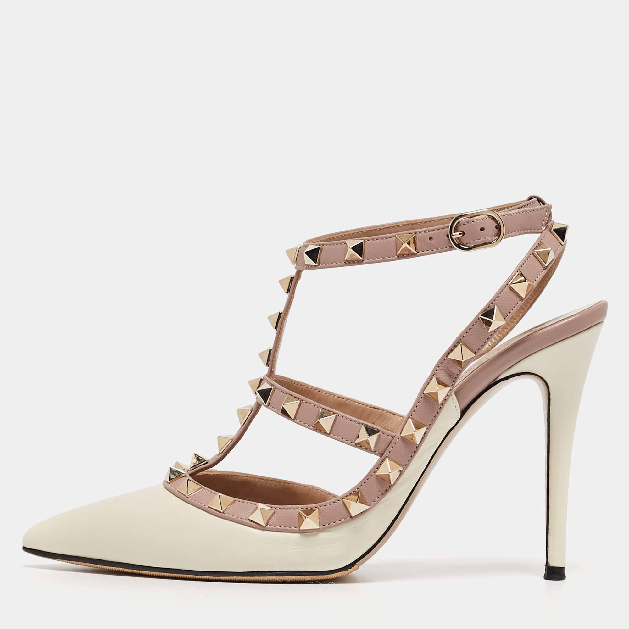 Pre Owned Valentino Off White/Dusty Pink Leather Rockstud Ankle Strap Pumps Size 38.5