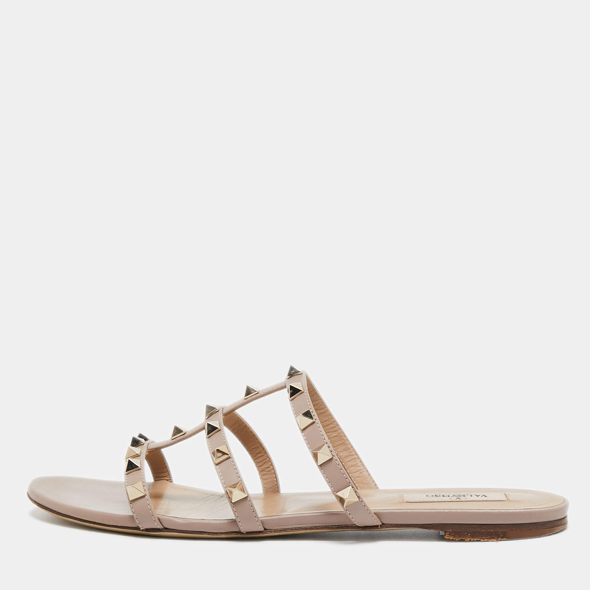 Pre Owned Valentino Beige Leather Rockstud Flats Size 40