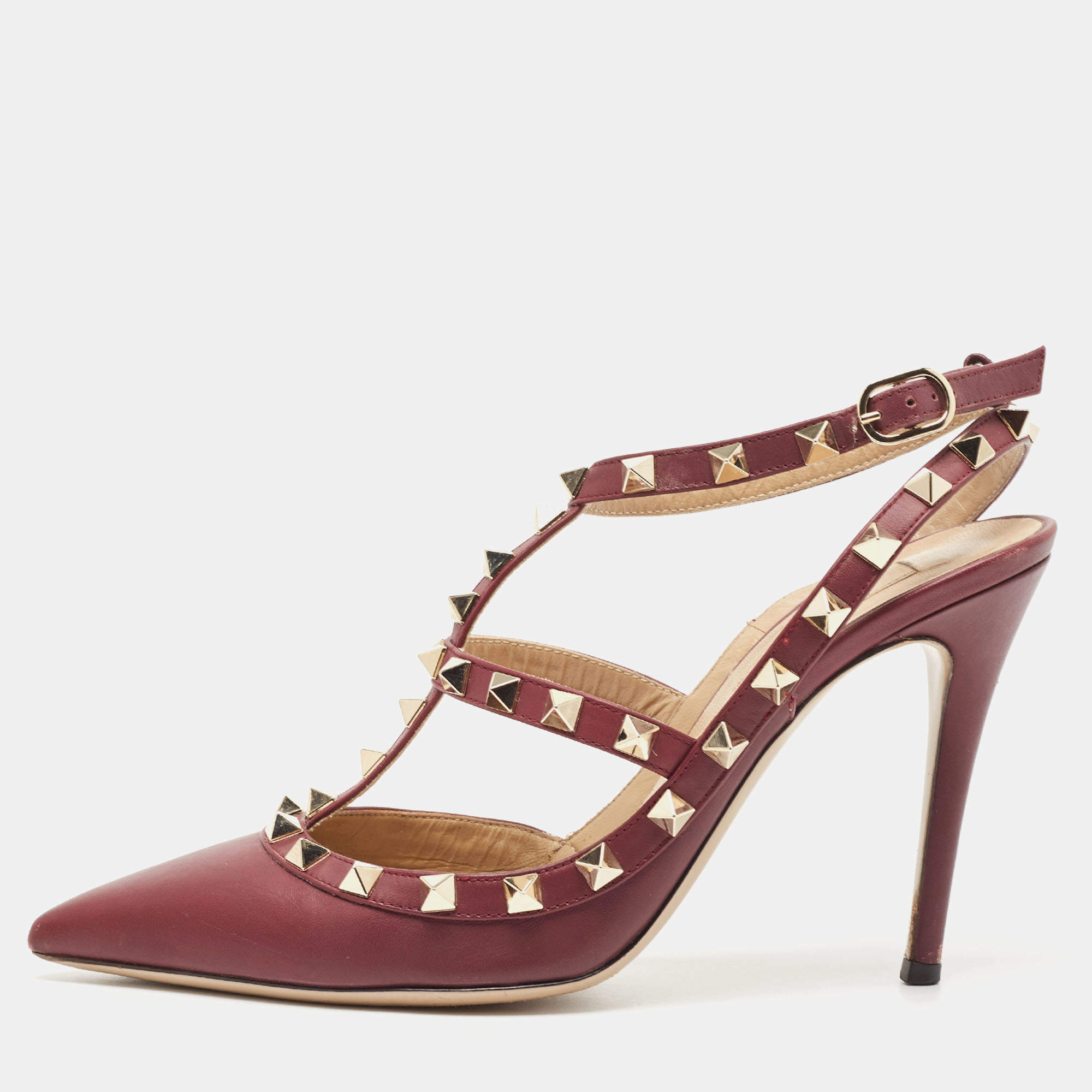 Pre Owned Valentino Purple Leather Rockstud Ankle Strap Pumps Size 38