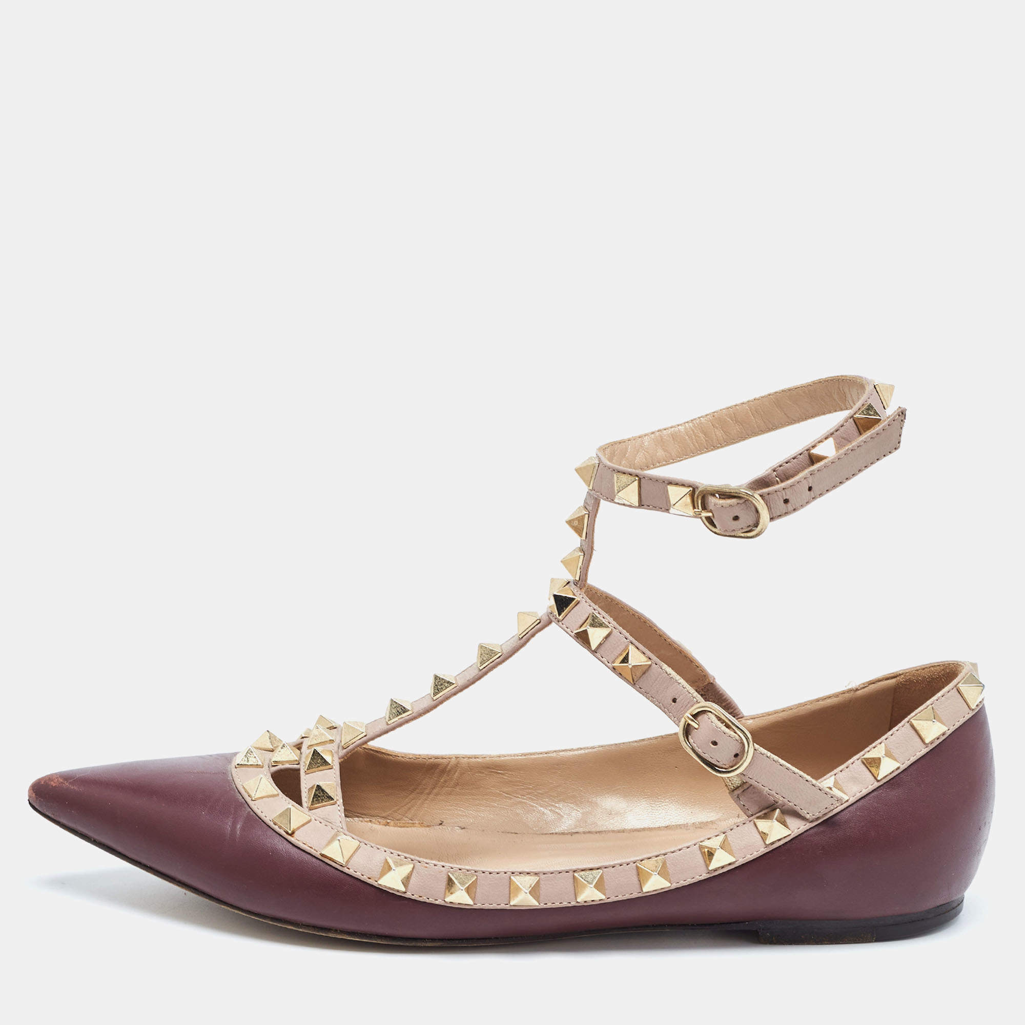 Pre Owned Valentino Burgundy Leather Rockstud Caged Ballet Flats Size 37.5