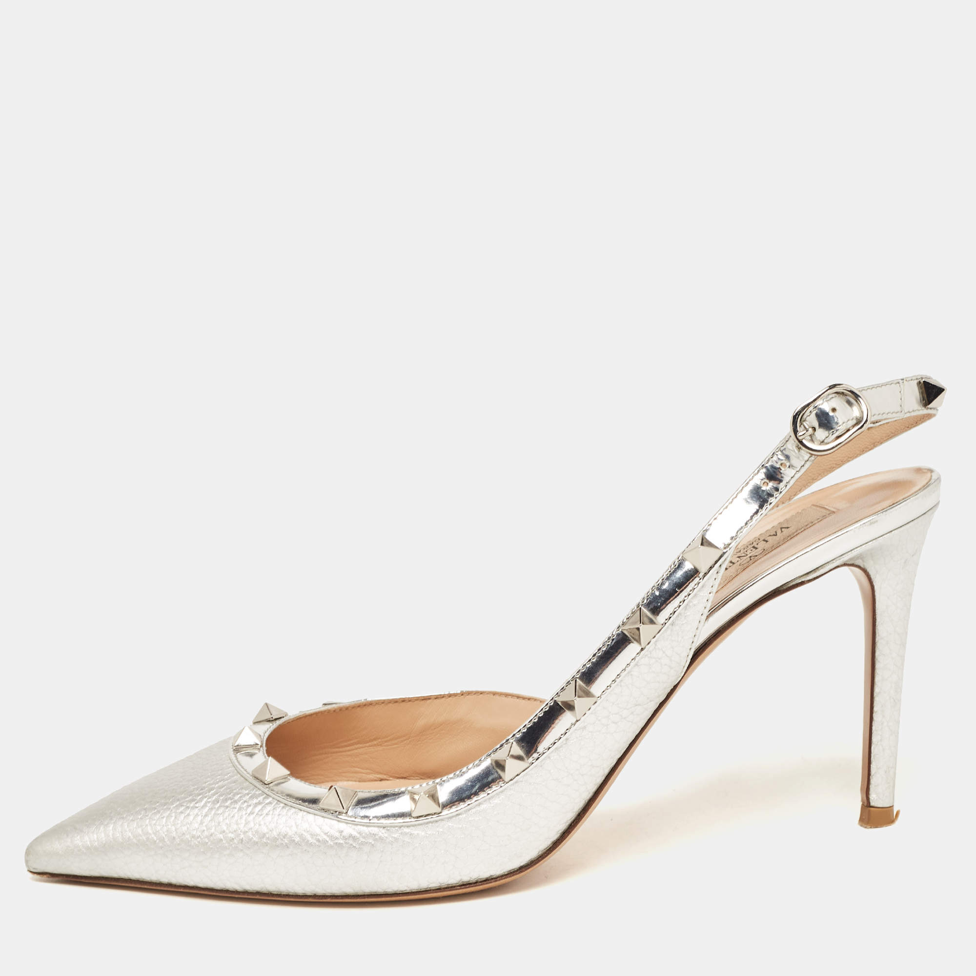 Valentino Silver Leather Rockstud Slingback Pumps Size 40  