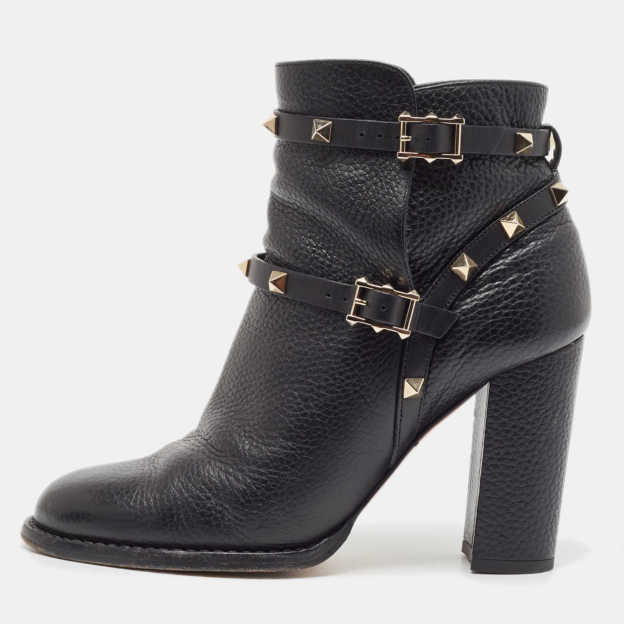 Pre Owned Valentino Black Leather Rockstud Ankle Boots Size 37