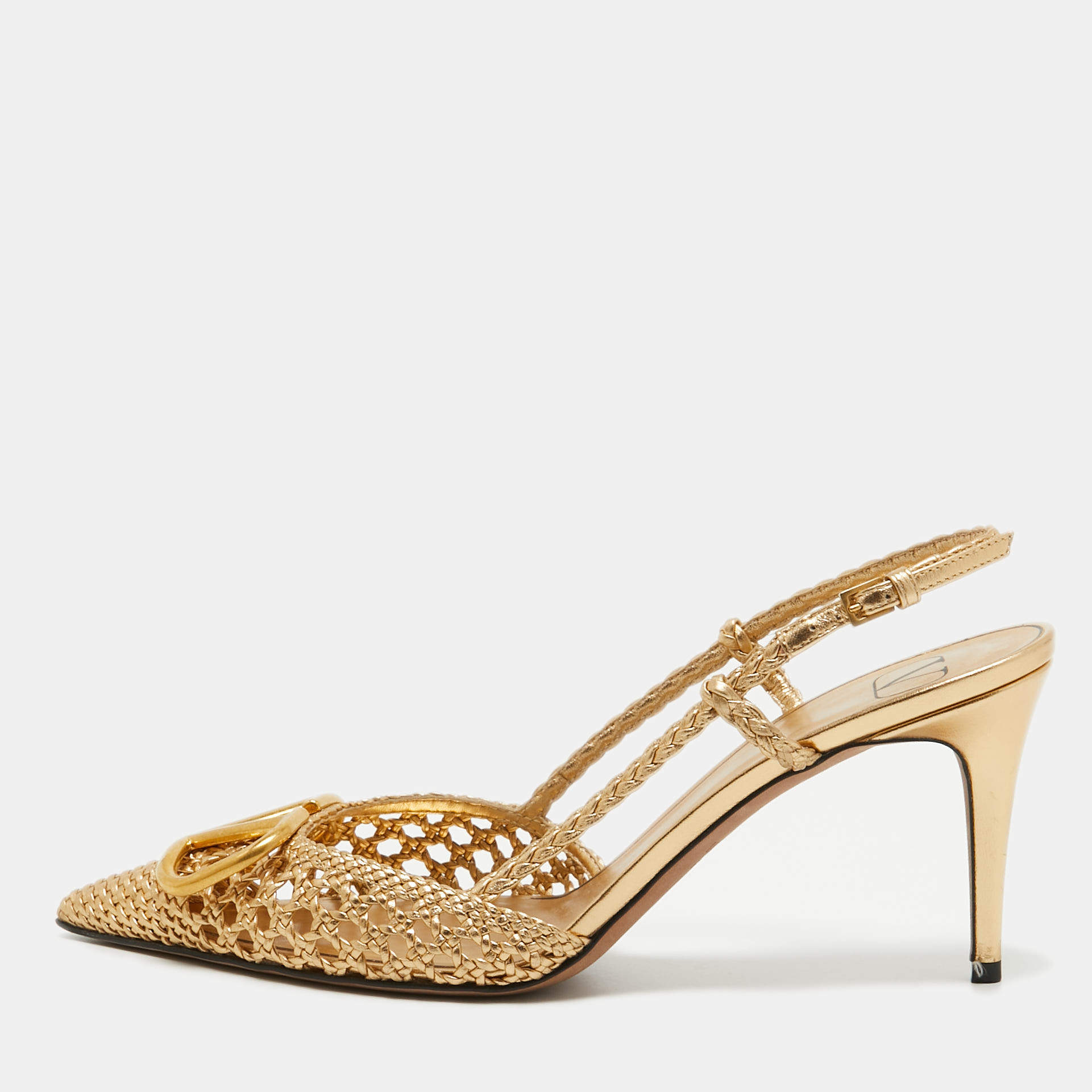 Valentino Gold Woven Leather Vlogo Slingback Pumps Size 39.5