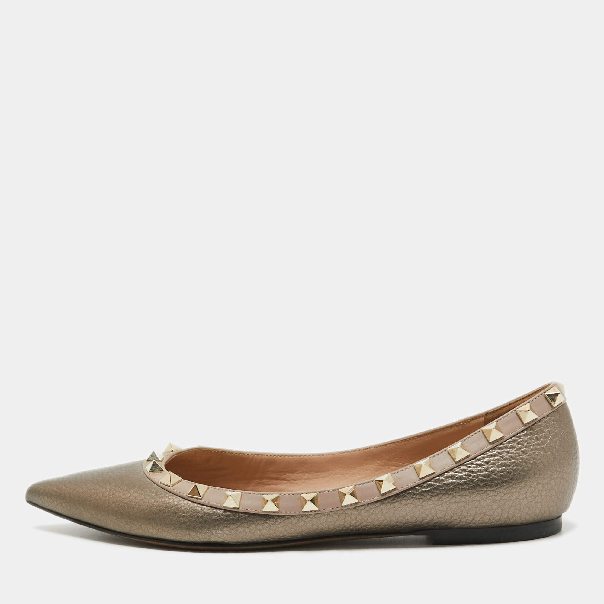 Pre Owned Valentino Metallic Leather Rockstud Ballet Flats Size 38