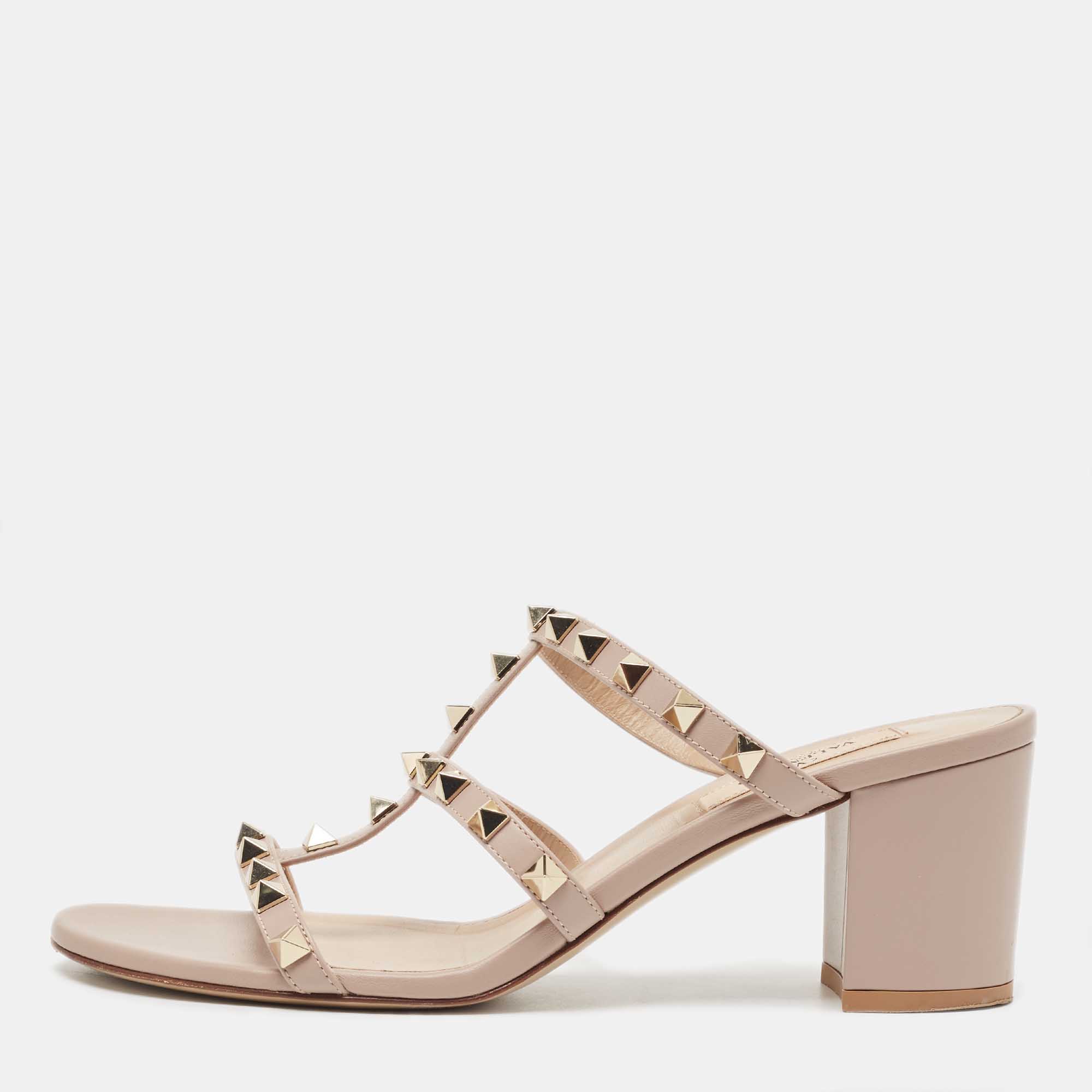 Pre Owned Valentino Dusty Pink Leather Rockstud Slide Sandals Size 38