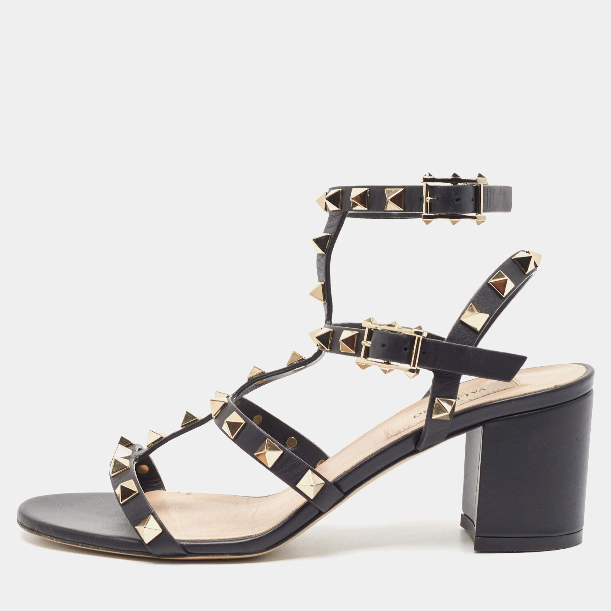 Valentino Black Leather Rockstud Ankle Strap Sandals Size 35.5