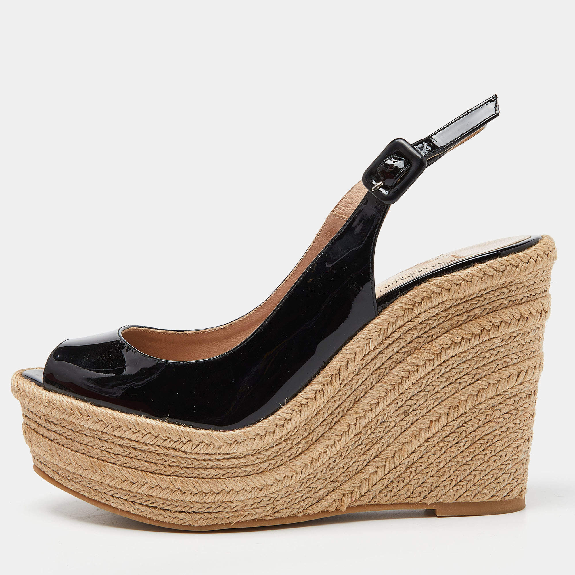 Pre Owned Valentino Black Patent Leather Espadrille Wedge Ankle Strap Sandals Size 39