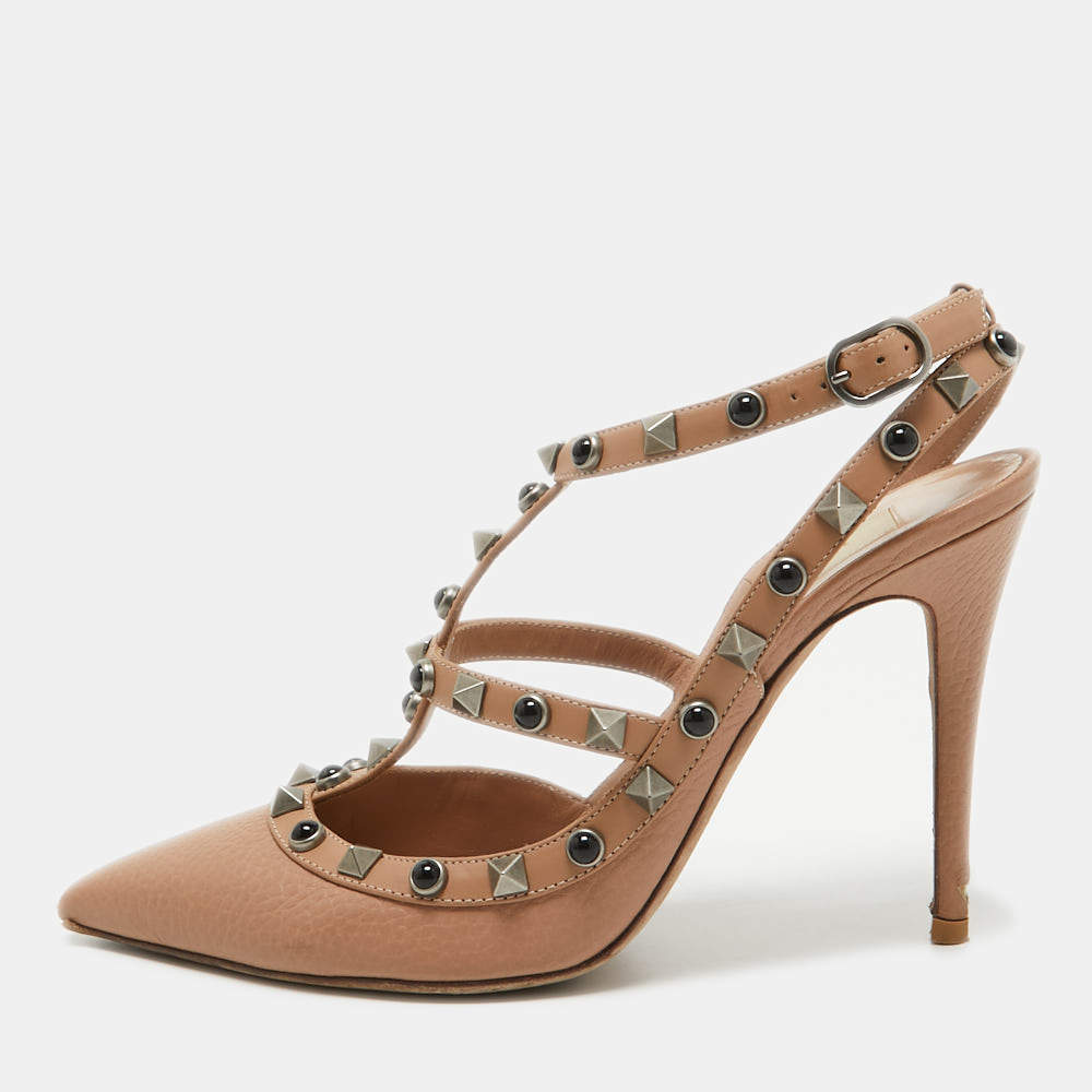 Pre Owned Valentino Beige Leather Rockstud Pumps Size 37.5