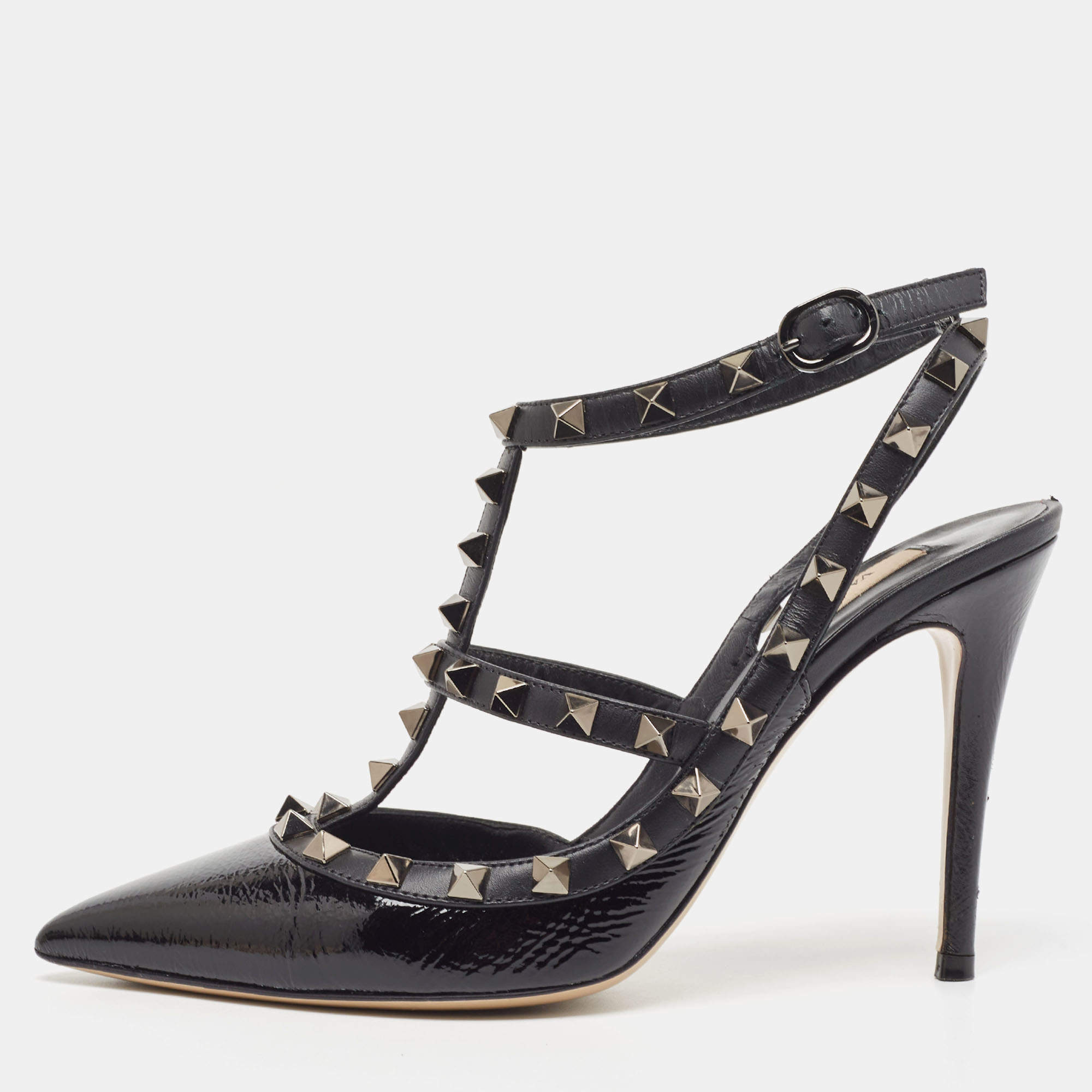 Pre Owned Valentino Black Leather Rockstud Slingback Pumps Size 37