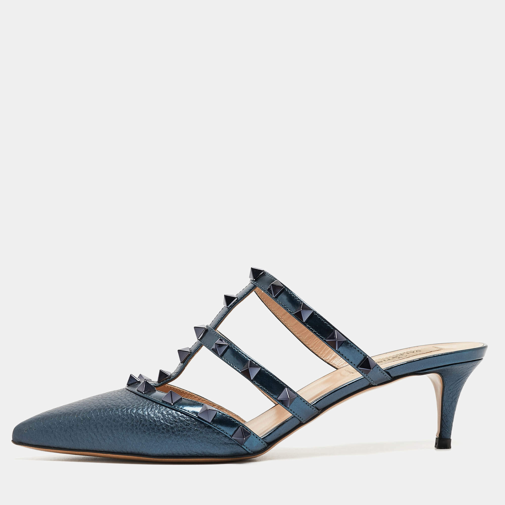 Pre Owned Valentino Metallic Blue Leather Rockstud Mules Size 38