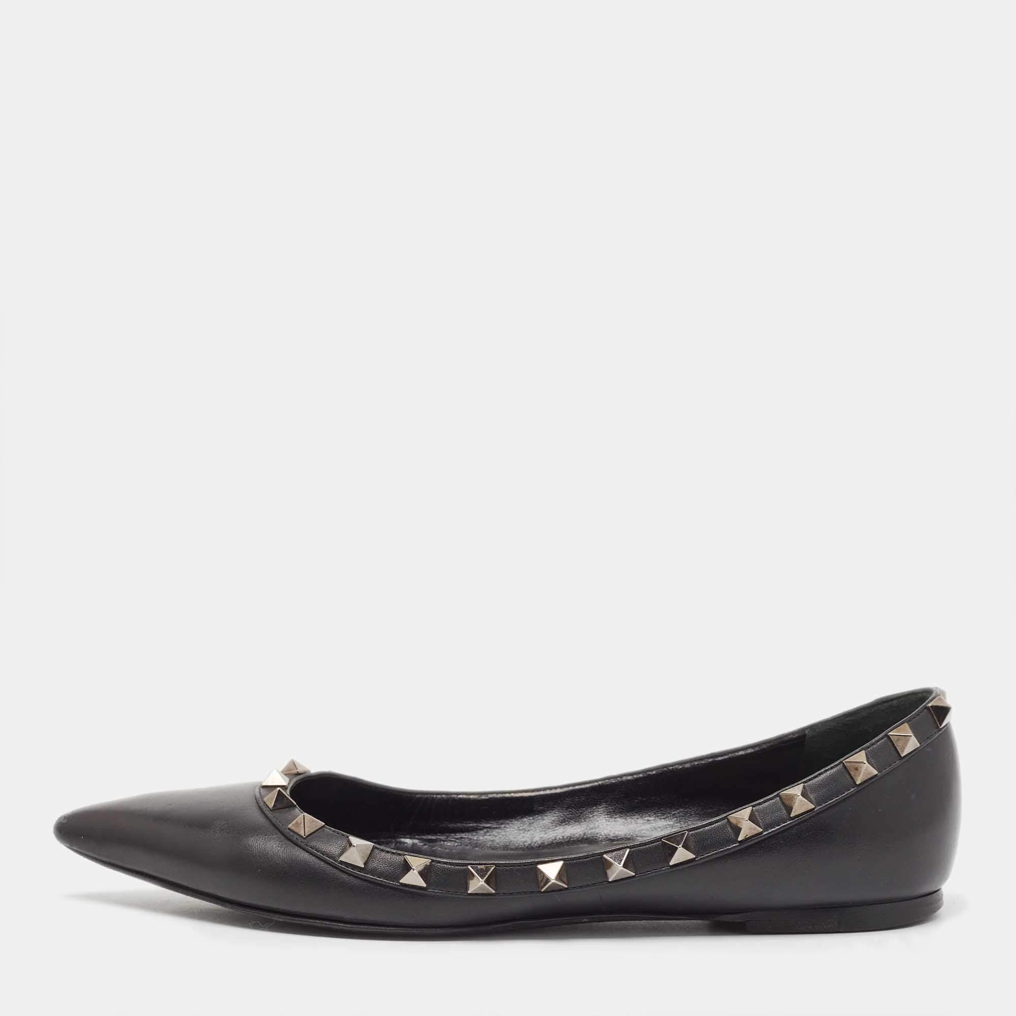 Valentino Black Leather Rockstud Ballet Flats Size 38 