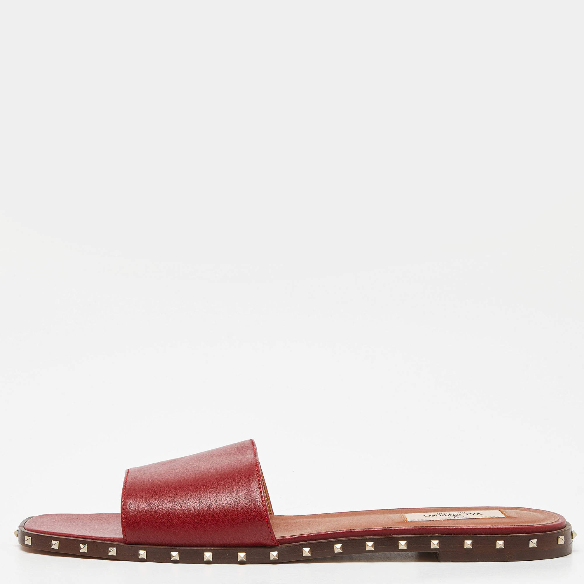 Pre Owned Valentino Red Leather Soul Rockstud Flat Slides Size 41