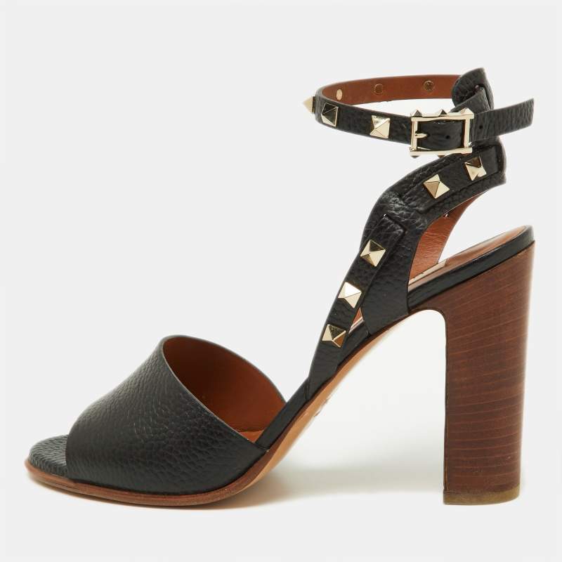 Pre Owned Valentino Black Leather Rockstud Ankle Strap Sandals Size 40