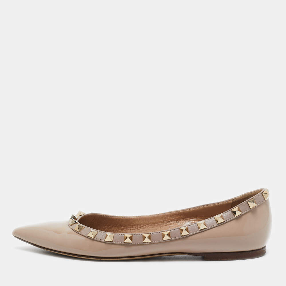 Pre Owned Valentino Beige Patent Leather Rockstud Ballet Flats Size 36.5