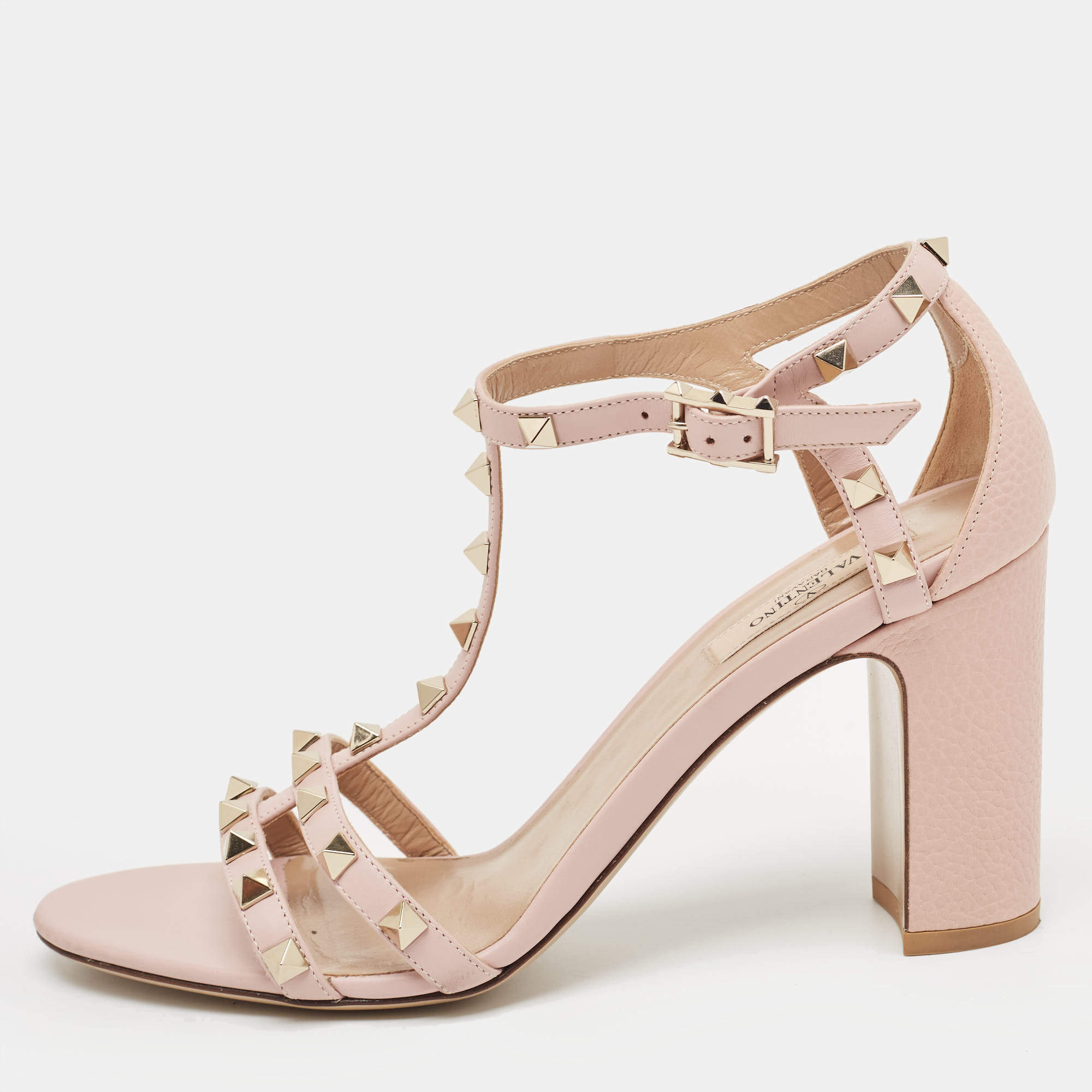 Pre Owned Valentino Pink Leather Rockstud Strappy Block Heel Sandals Size 39