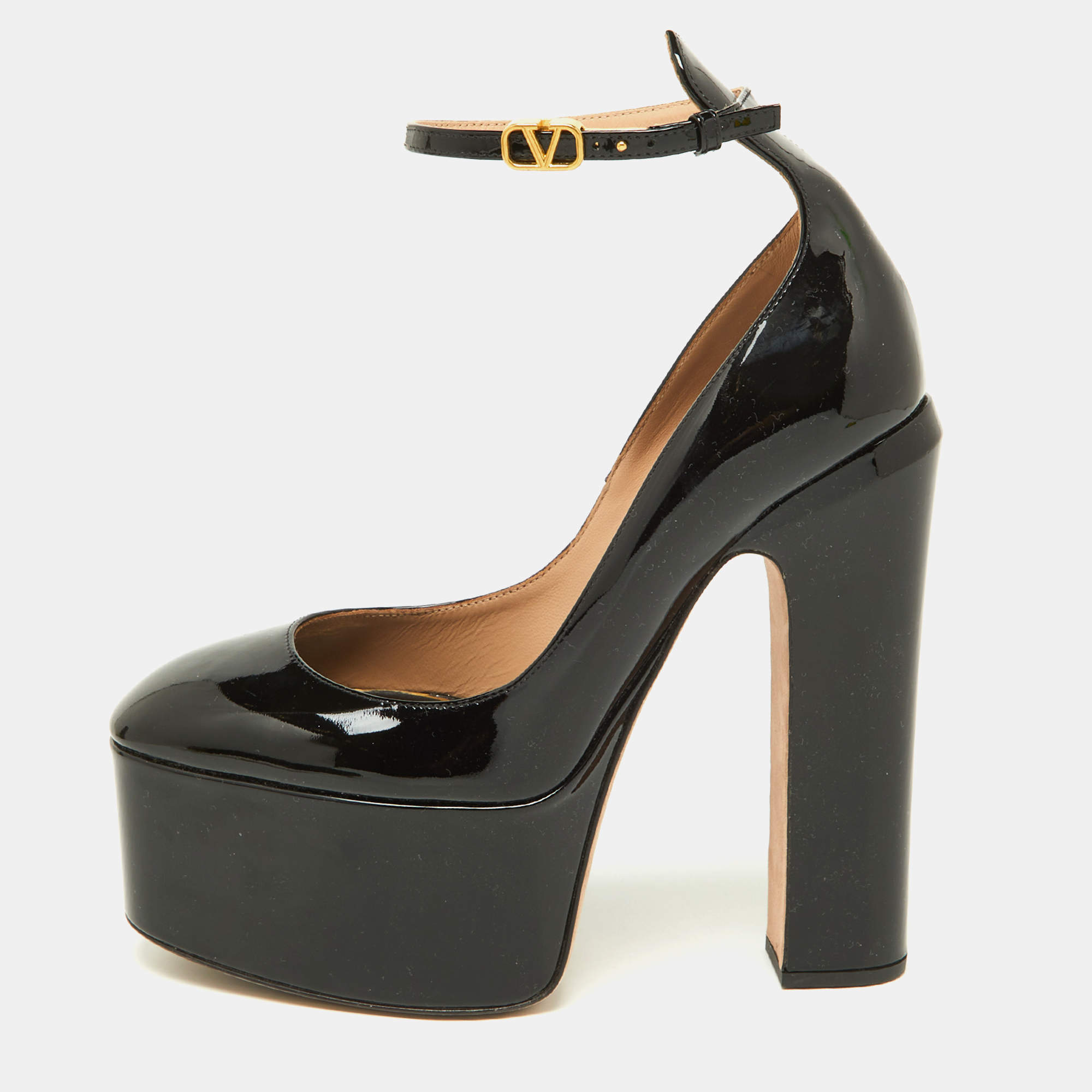 Pre Owned Valentino Black Patent Leather Tan-Go Platform Ankle Strap Pumps Size 38