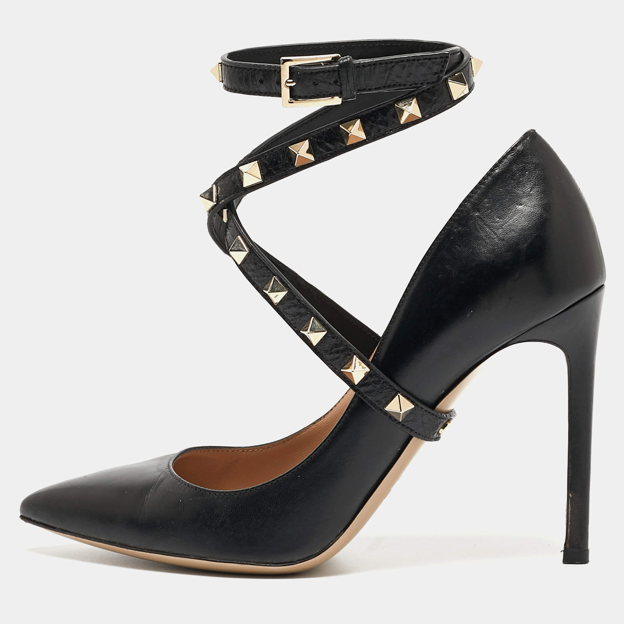 Pre Owned Valentino Black Leather Rockstud Ankle Wrap Pumps Size 36.5