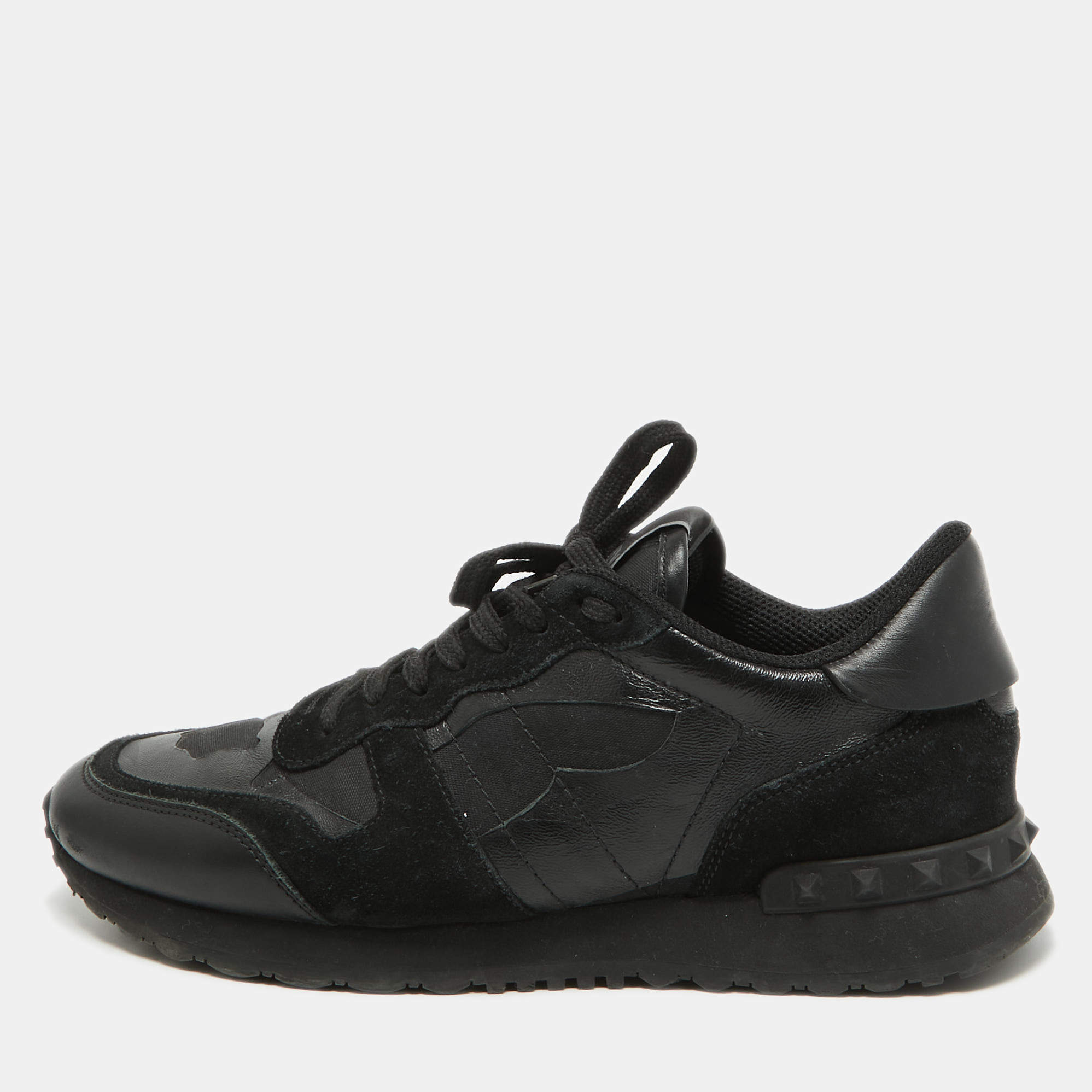 Pre Owned Valentino Black Leather and Suede Rockrunner Law Top Sneakers Size 40