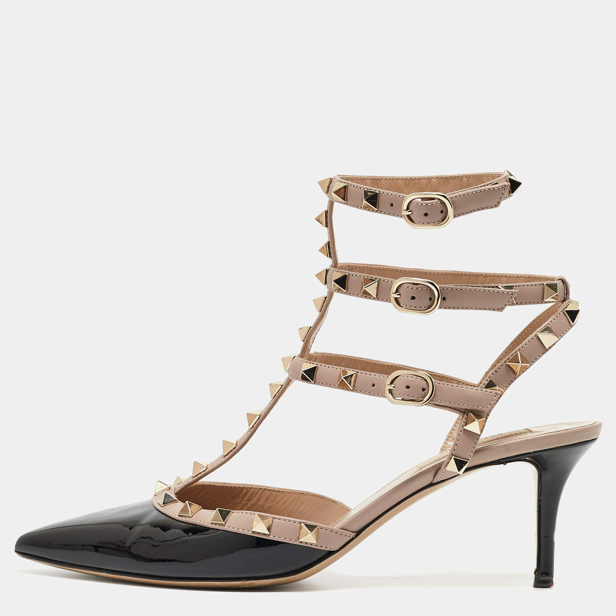 Pre Owned Valentino Black/Beige Patent Rockstud Ankle Strap Pumps Size 40