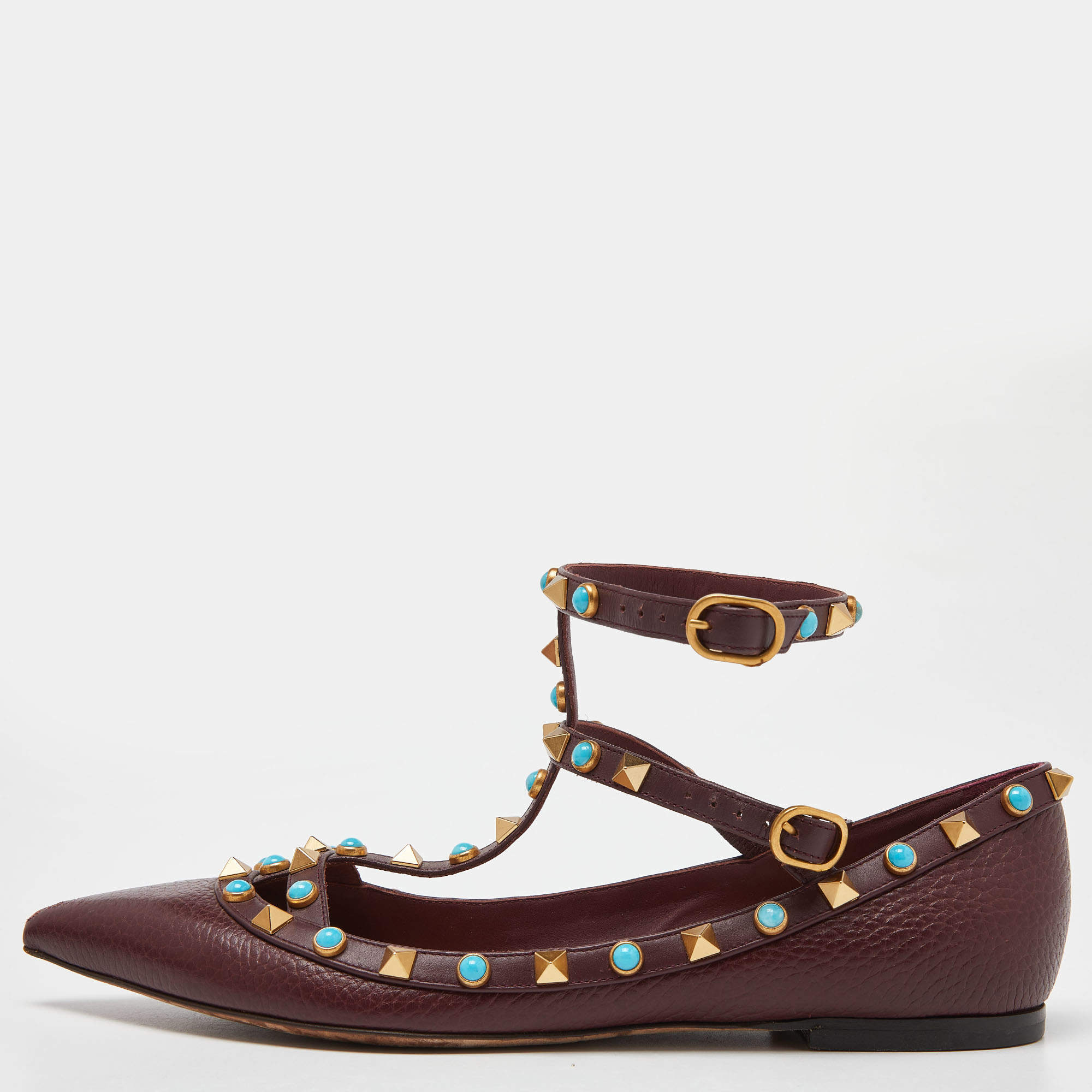 Pre Owned Valentino Maroon Textured Leather Rolling Rockstud Ankle Strap Flats Size 39