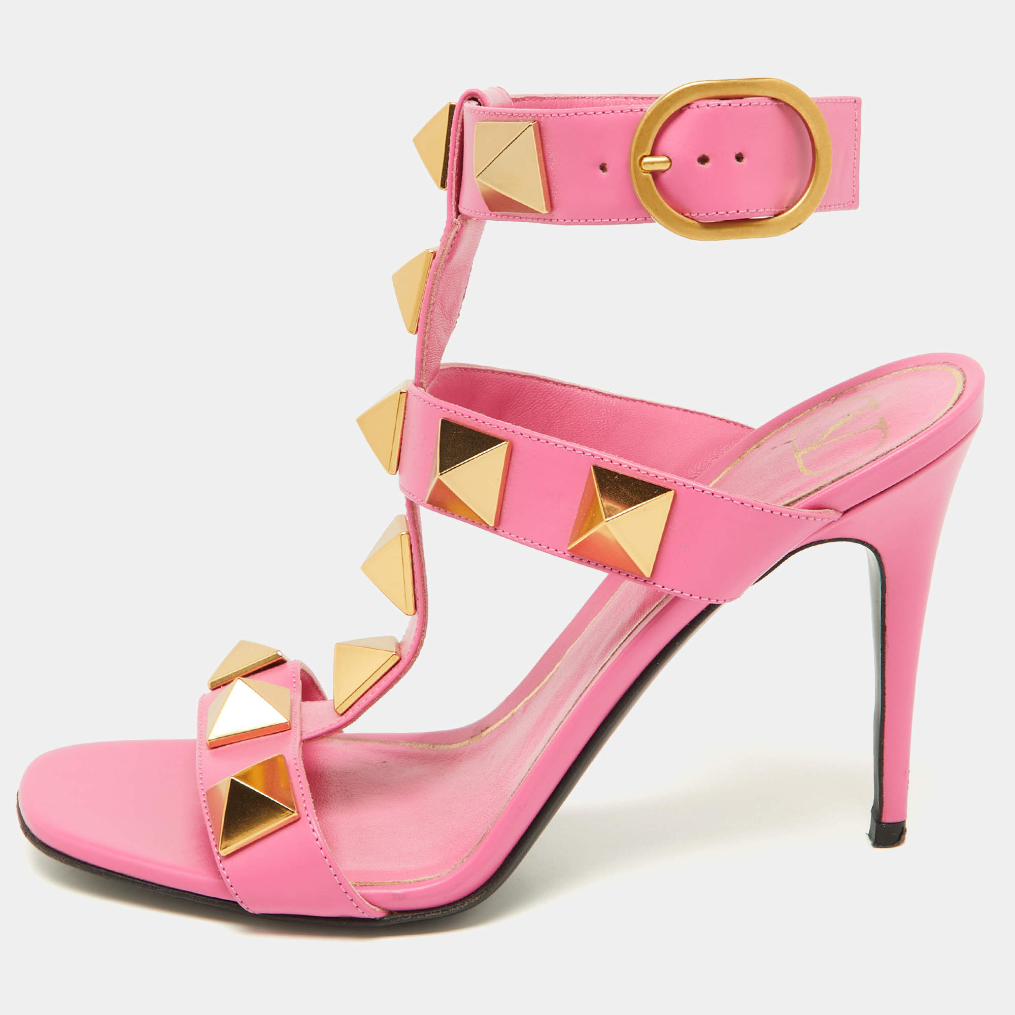 Valentino Pink Leather Roman Stud Ankle Strap Sandals Size 36.5