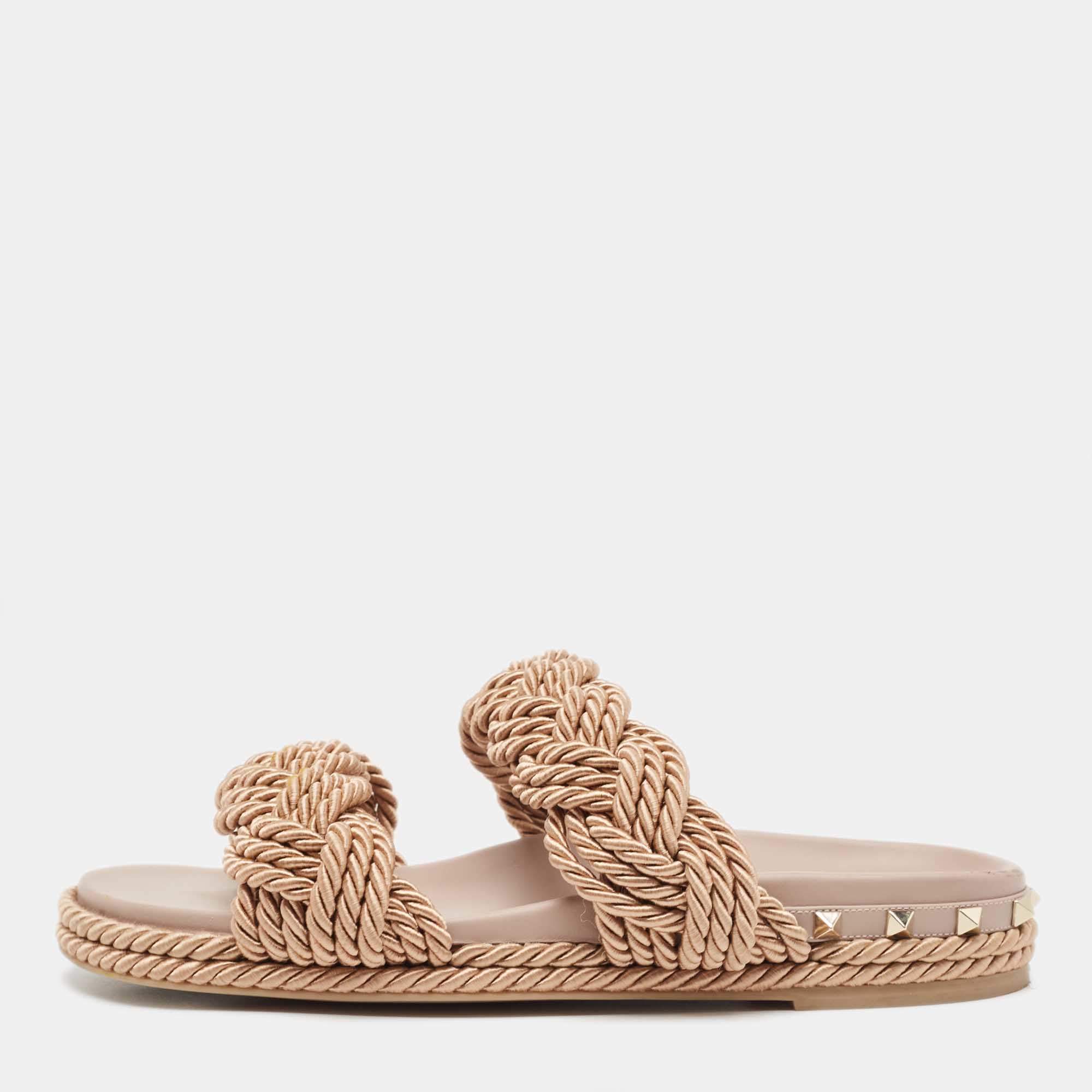 Pre Owned Valentino Pink Rope Rockstud Flat Slides Size 41