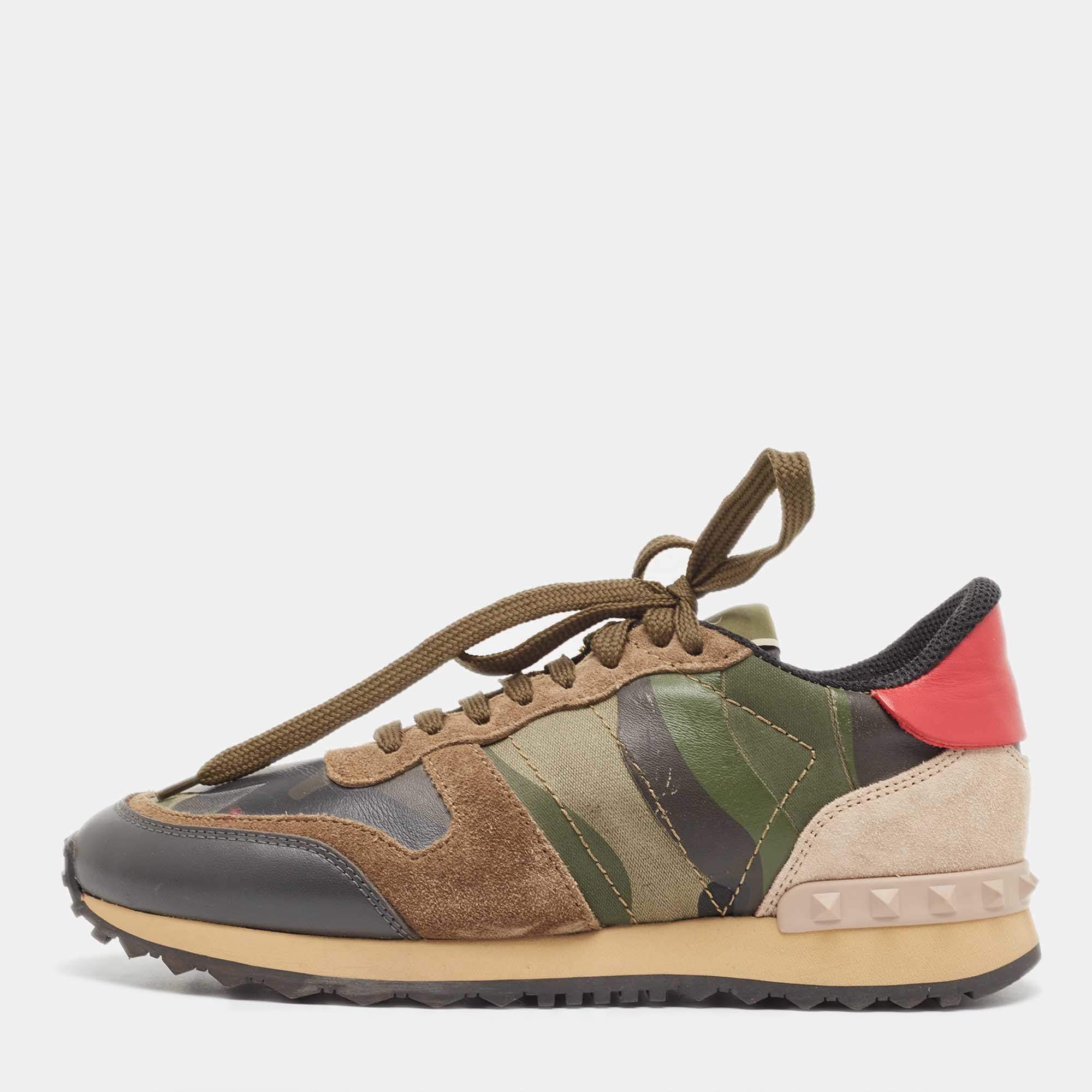 Pre Owned Valentino Multicolor Camo Print Leather and Canvas Rockrunner Sneakers Size 37