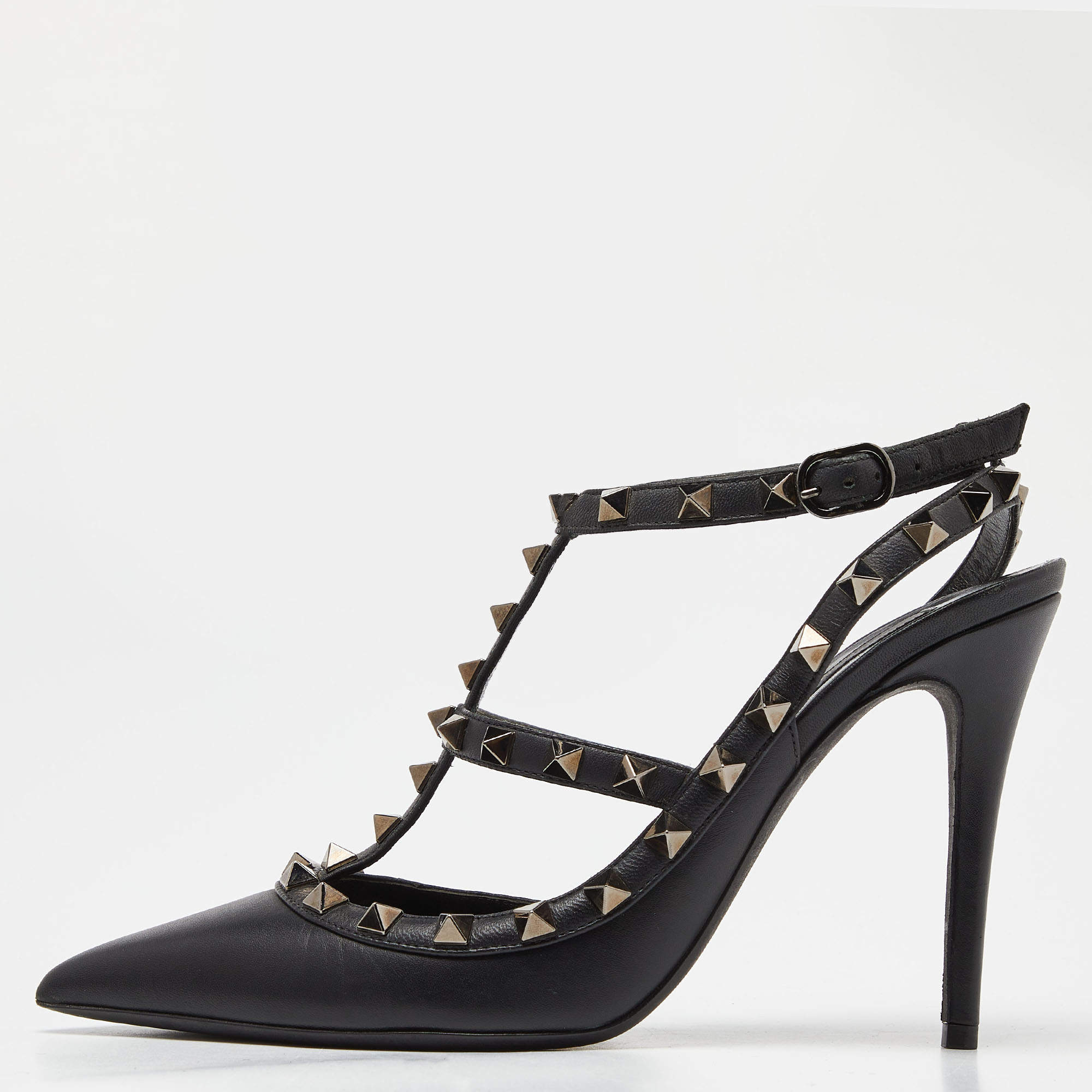 Pre Owned Valentino Black Leather Rockstud Ankle Strap Pumps Size 38.5