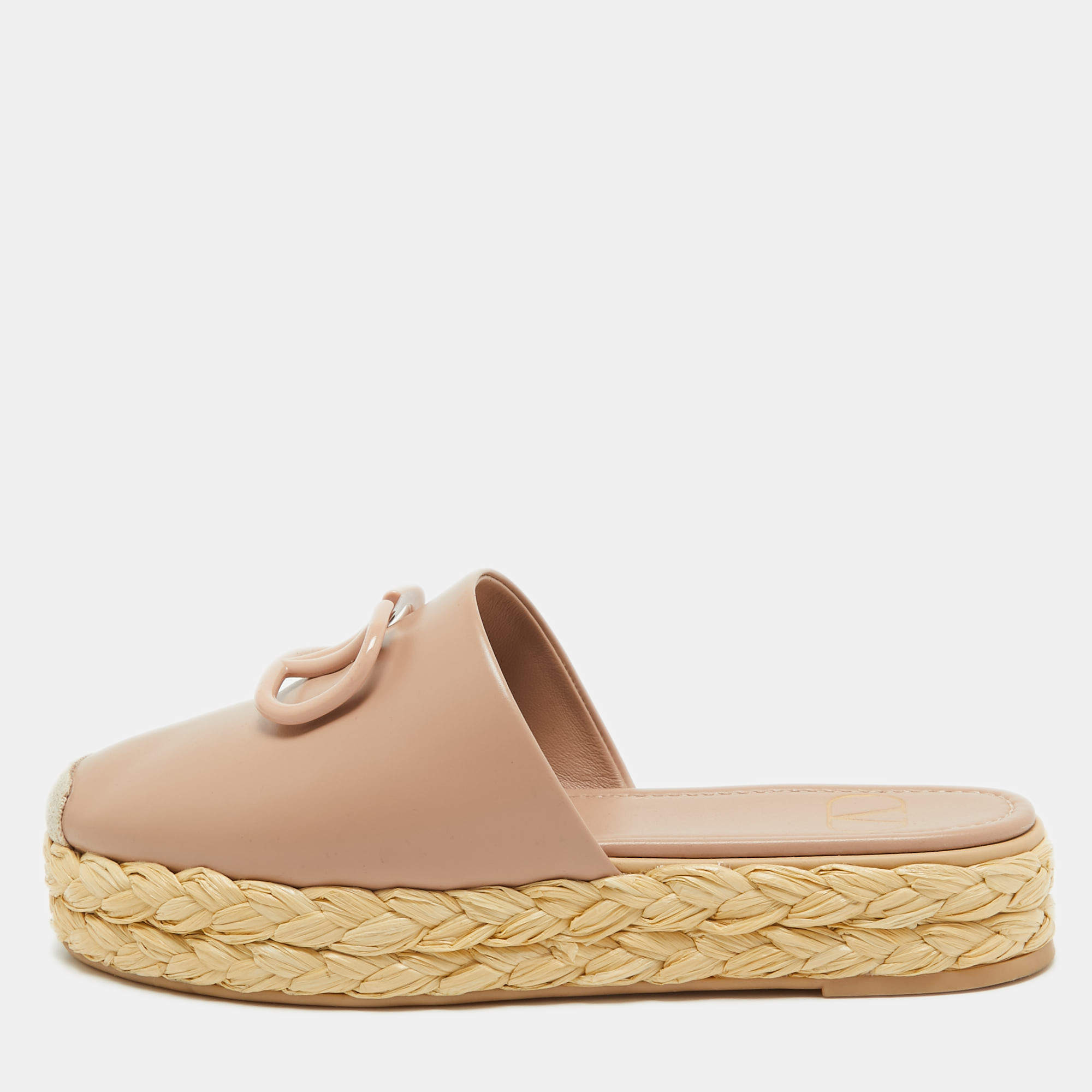 Pre Owned Valentino Dusty Pink Leather Escape V logo Espadrille Platform Mules Size 37