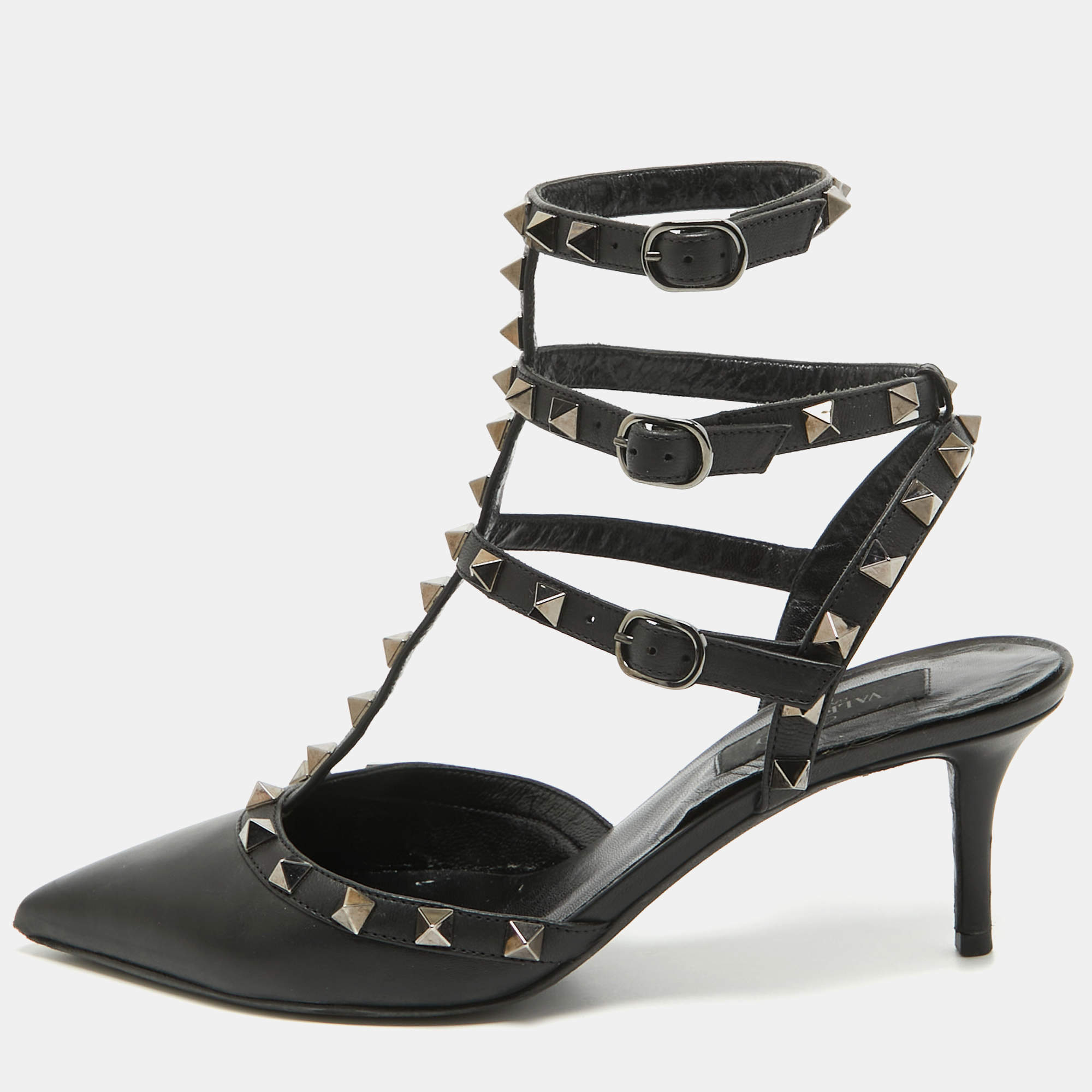 Valentino Black Leather Rockstud Ankle Strap Pumps Size 37.5