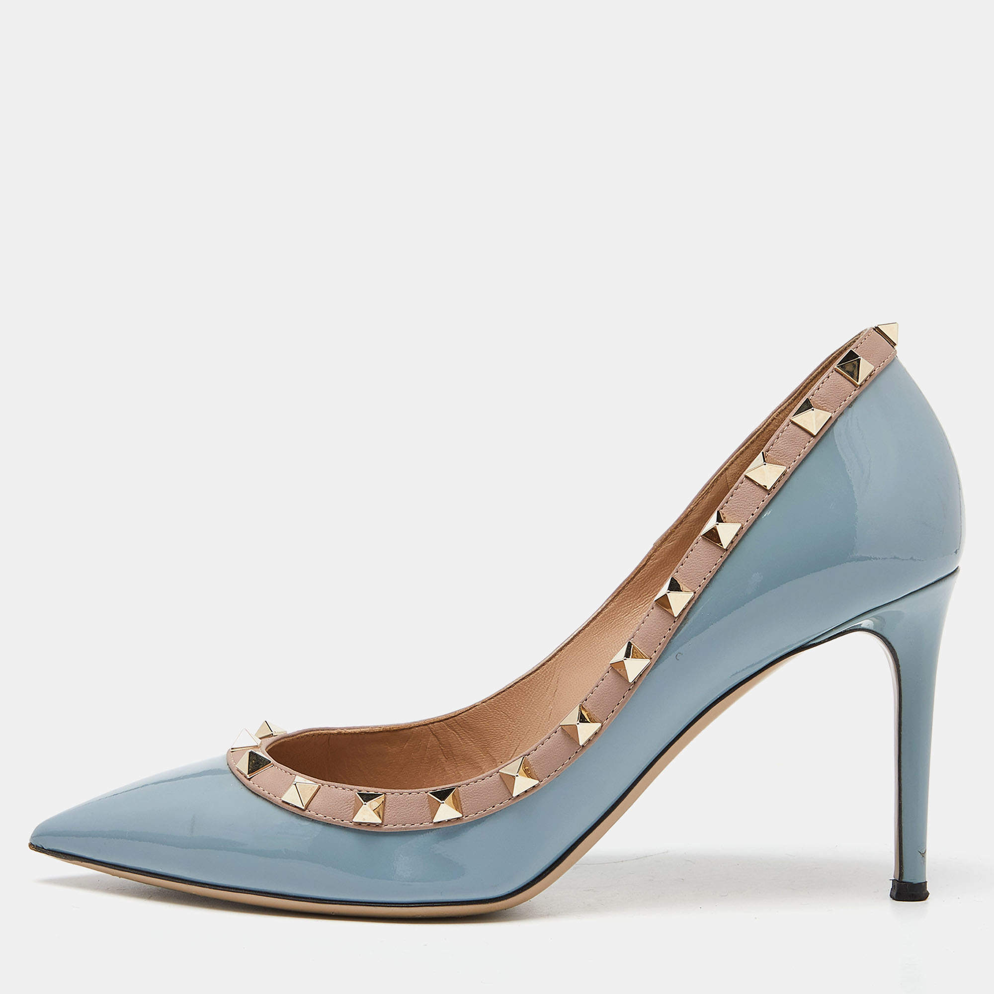 Pre Owned Valentino Blue/Beige Patent and Leather Rockstud Pumps Size 39