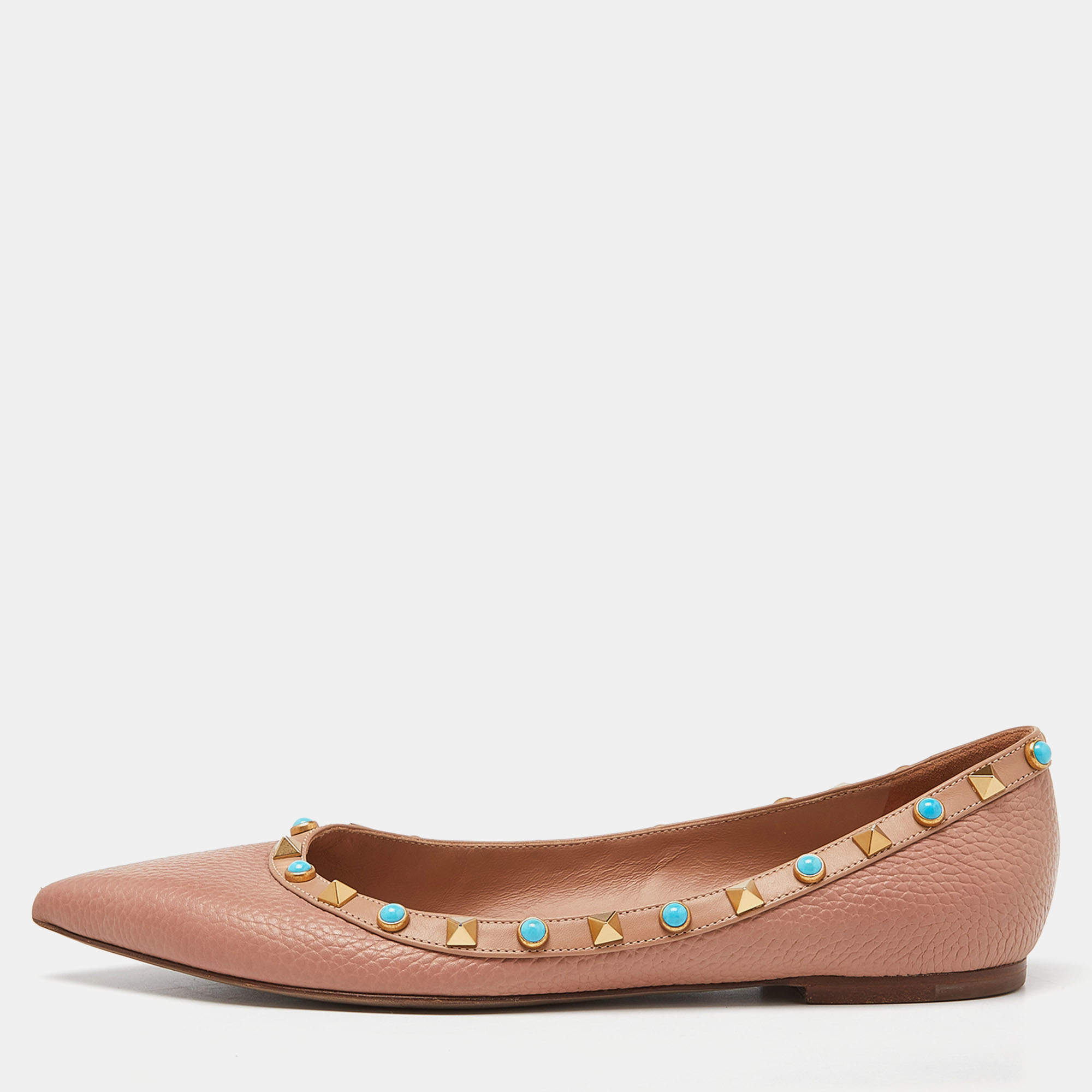 Pre Owned Valentino Beige Leather Rolling Rockstud Ballet Flats Size 39