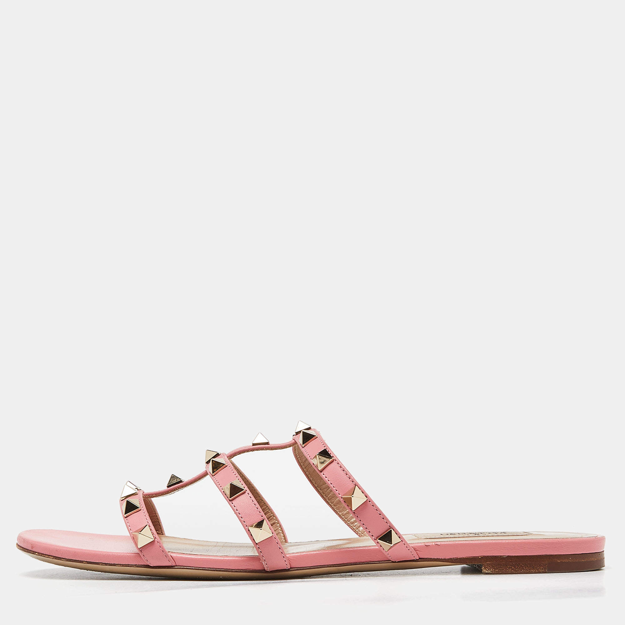 Pre Owned Valentino Pink Leather Rockstud Slide Flats Size 40
