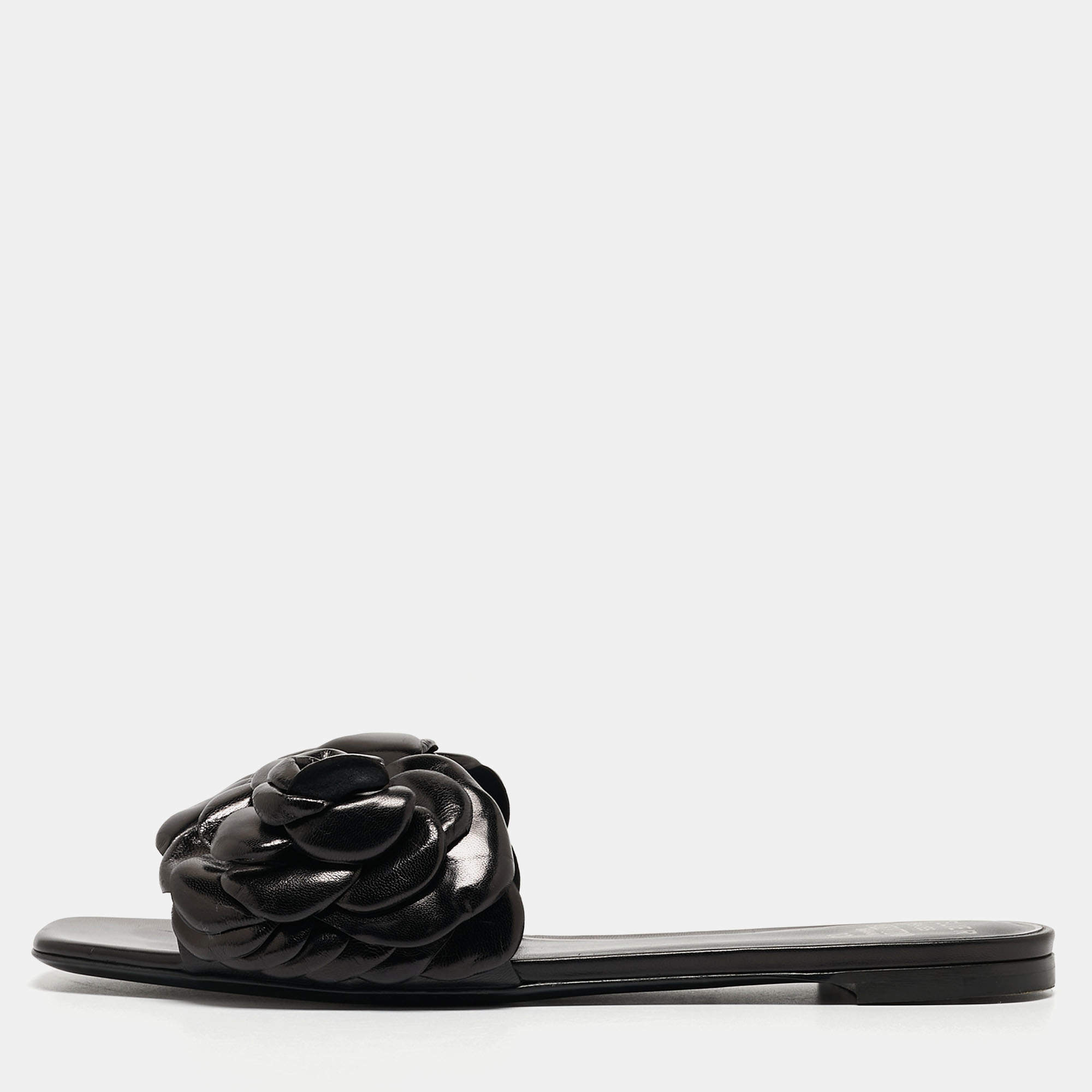 Valentino Black Leather 03 Rose Edition Atelier Flat Slides Size 39