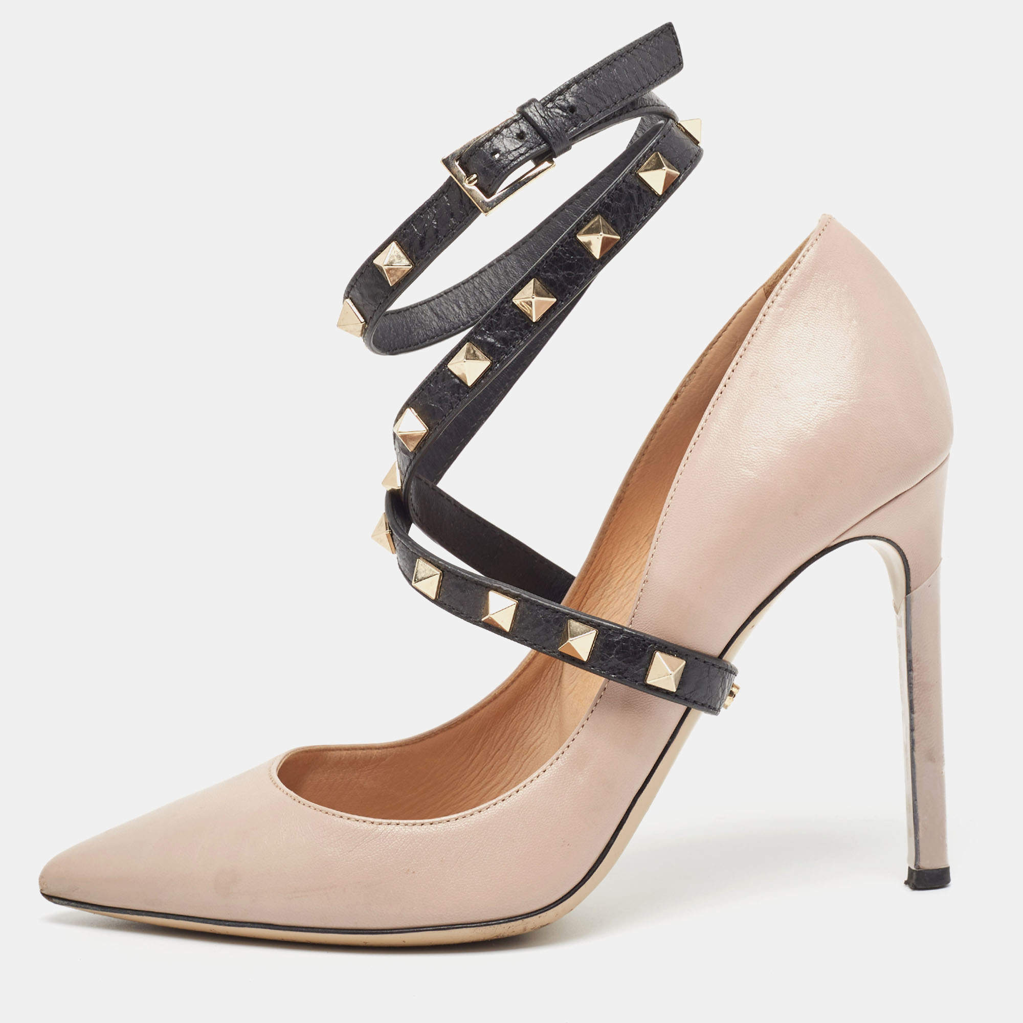 Pre Owned Valentino Dusty Pink/Black Leather Rockstud Ankle Wrap Pumps Size 38