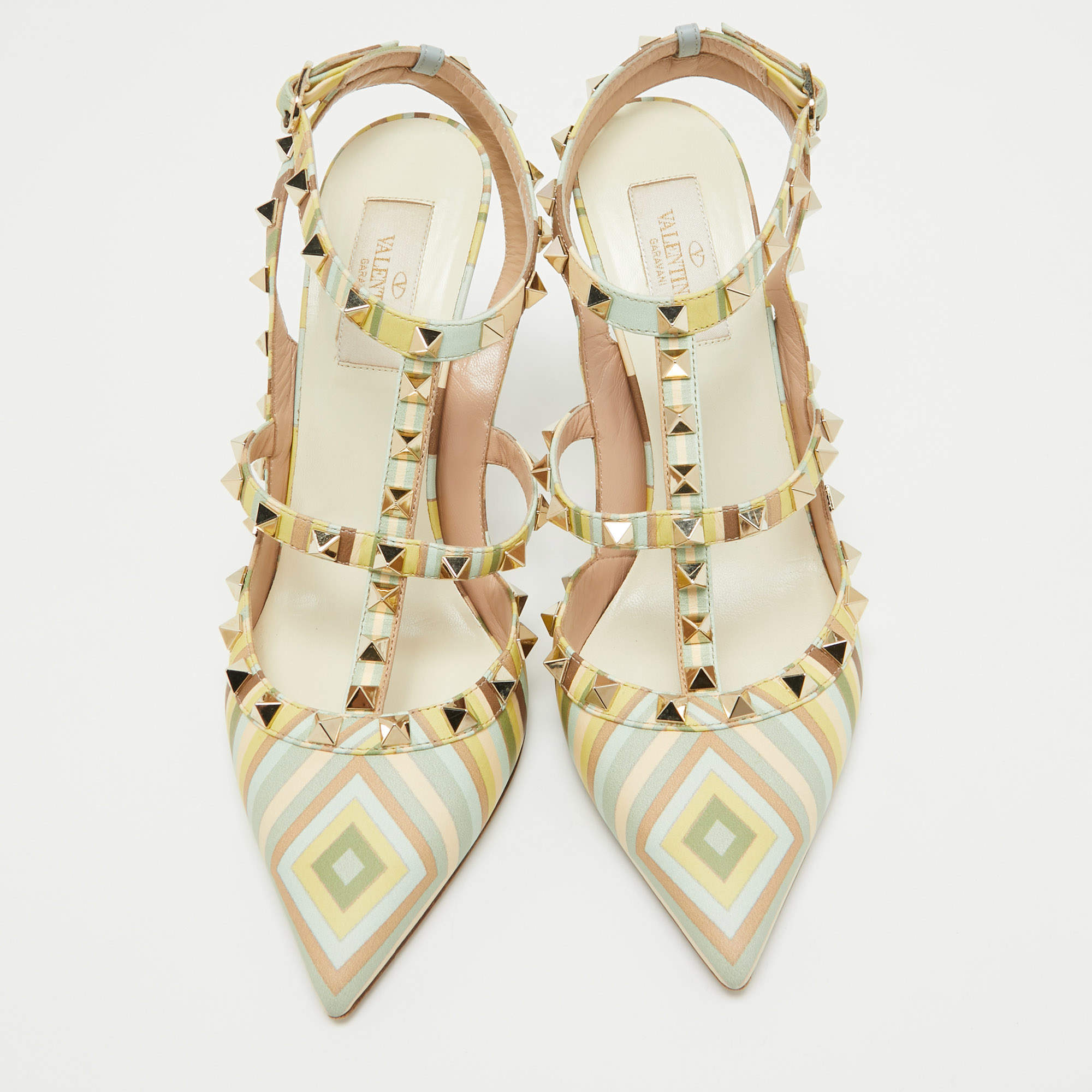 Pre Owned Valentino Multicolor Leather Rockstud Strappy Pointed Toe Pumps Size 39