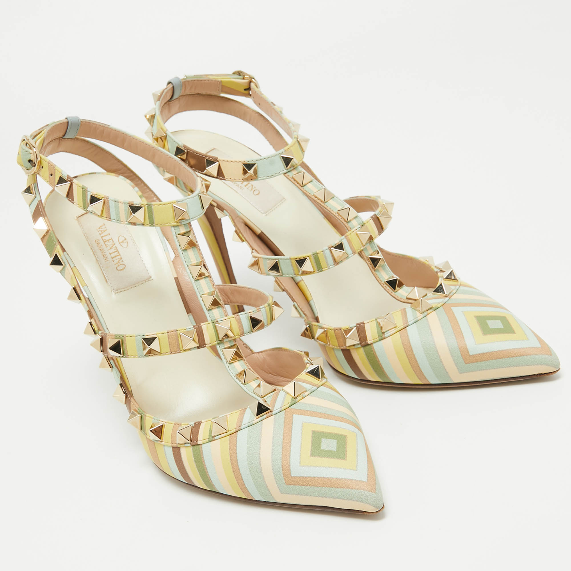 Pre Owned Valentino Multicolor Leather Rockstud Strappy Pointed Toe Pumps Size 39