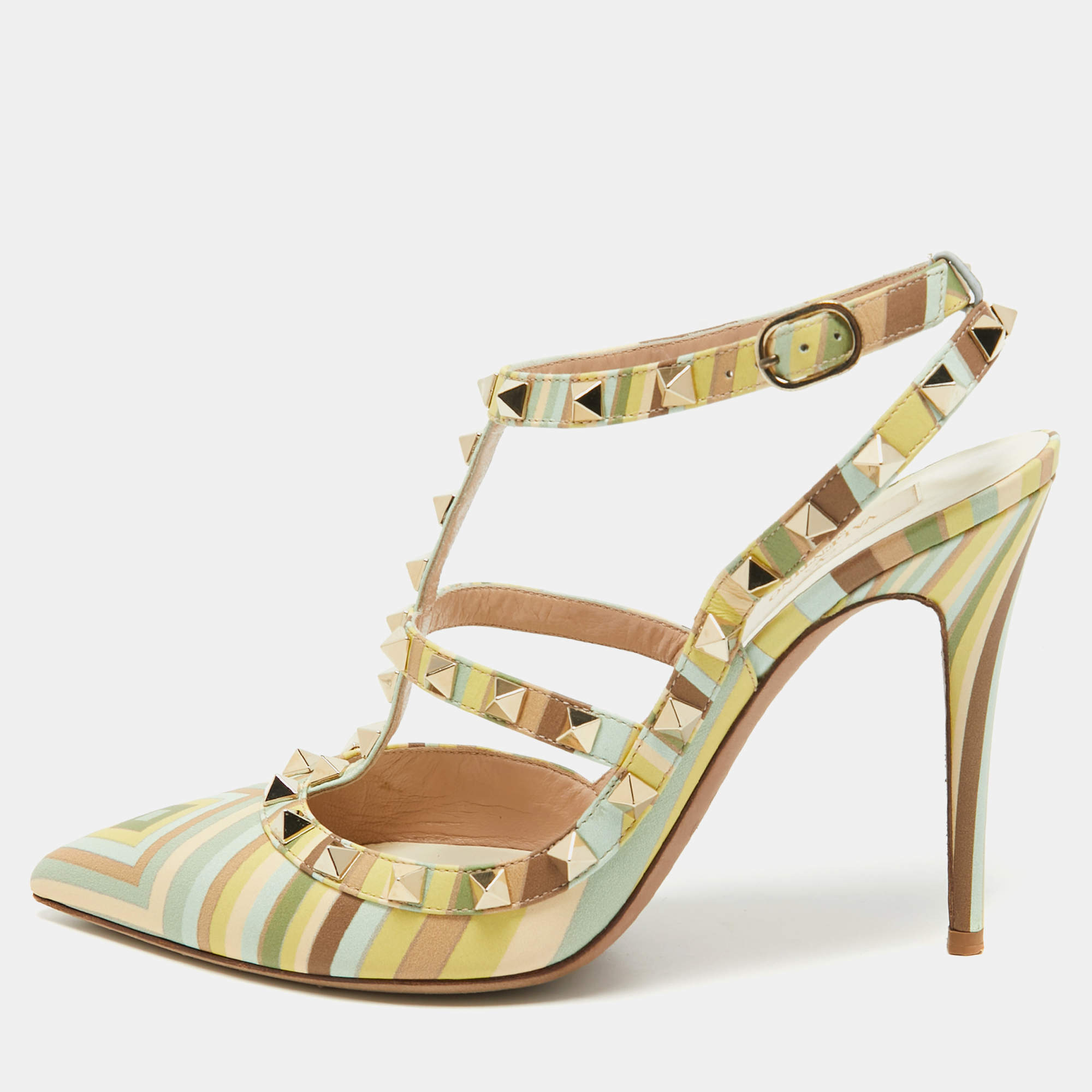 Pre Owned Valentino Multicolor Leather Rockstud Strappy Pointed Toe Pumps Size 39