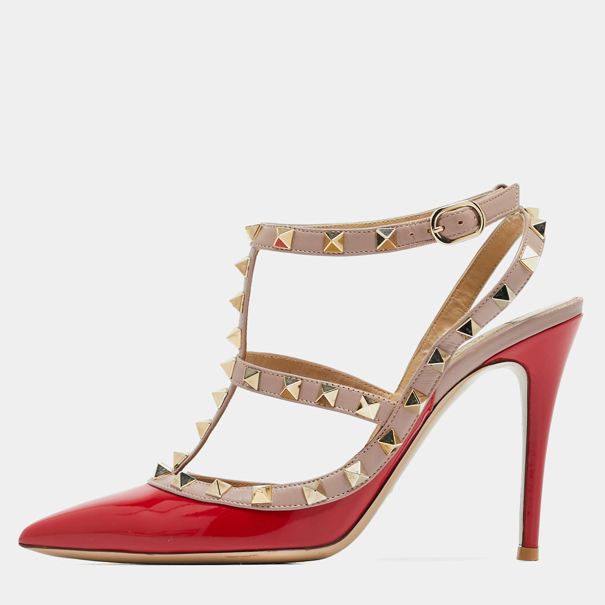 Pre Owned Valentino Red Patent Leather Rockstud Ankle Strap Pumps Size 37