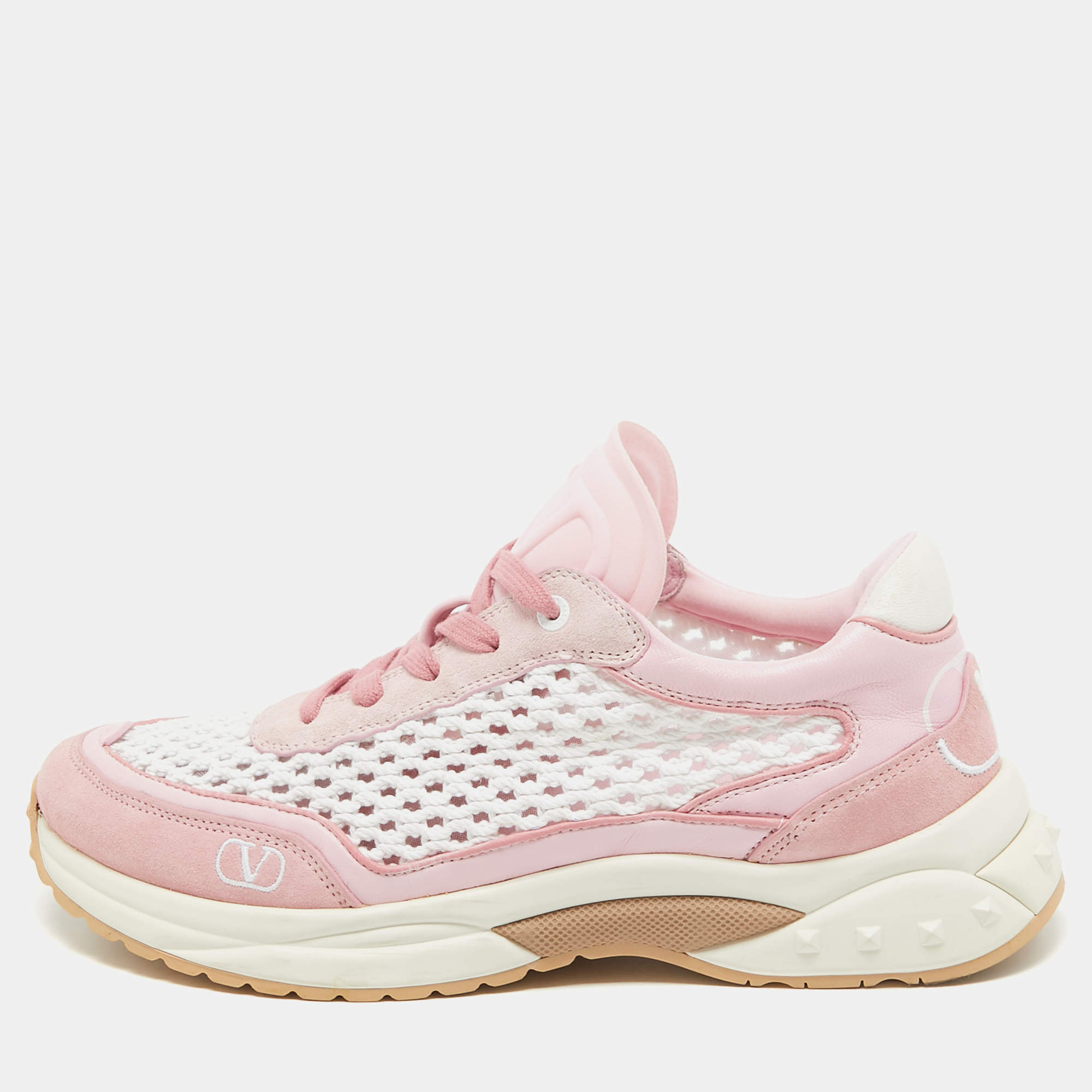 Pre Owned Valentino Pink/White Leather and Mesh Lace Up Sneakers Size 40