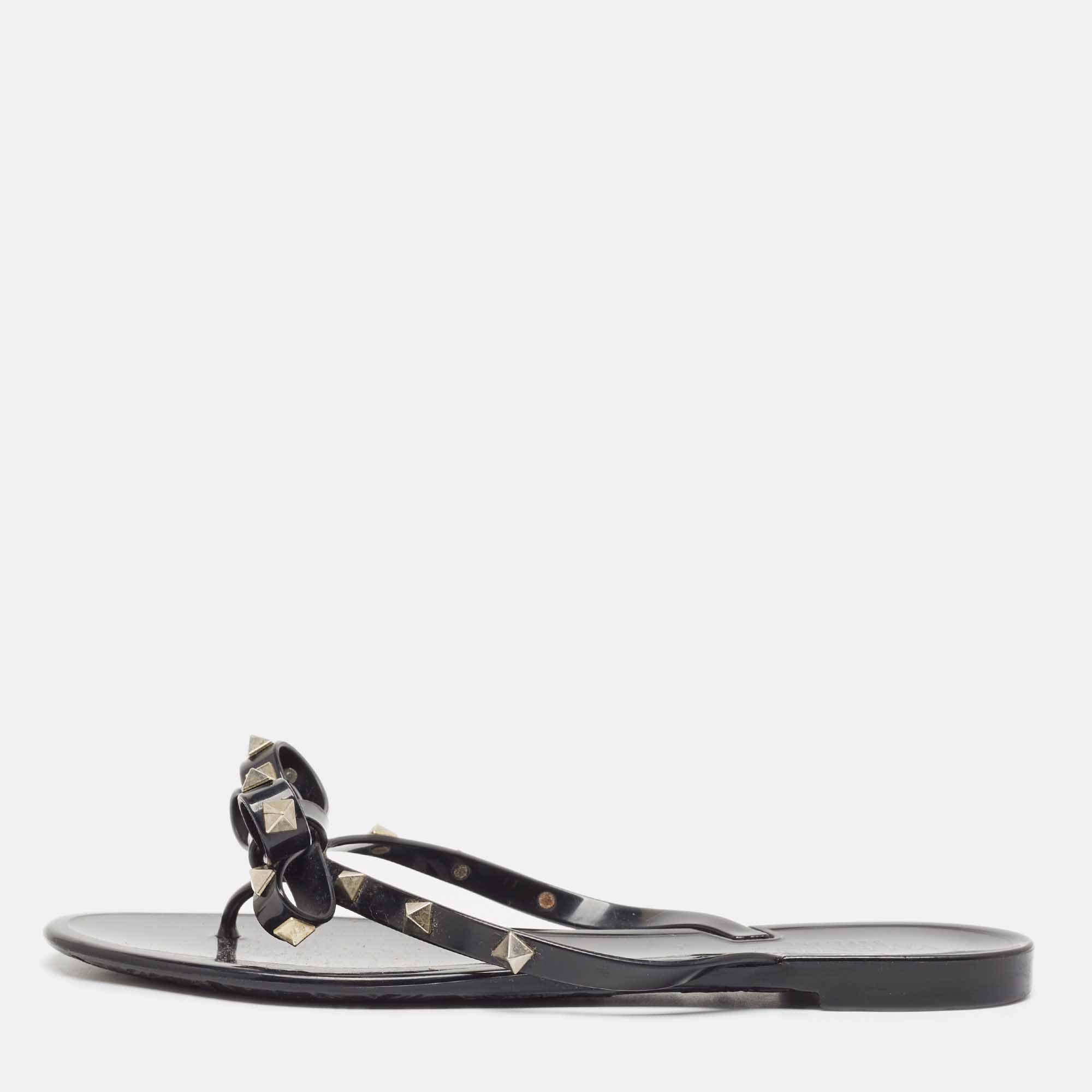 مملوكة مسبقًا Valentino Black Jelly Rockstud Flat Slides Size 40