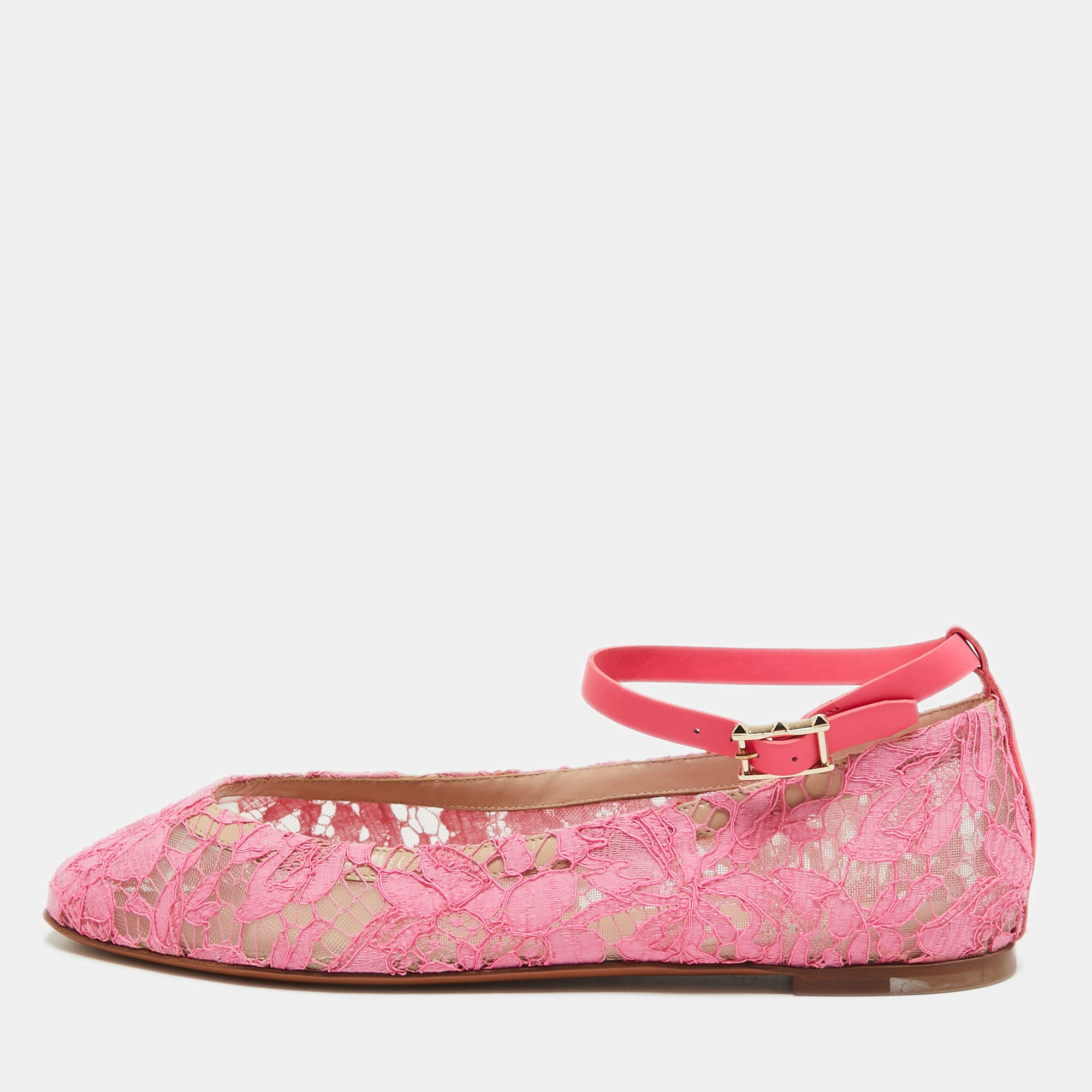 Pre Owned Valentino Pink Lace and Leather Ankle Wrap Ballet Flats Size 40